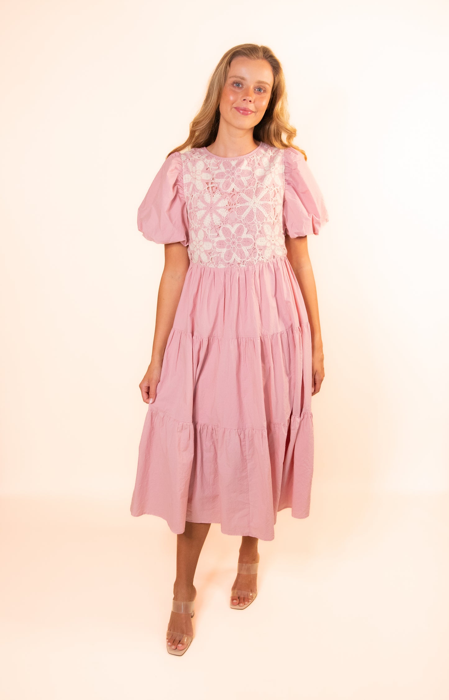 The Mara Crochet Tiered Midi in Pink