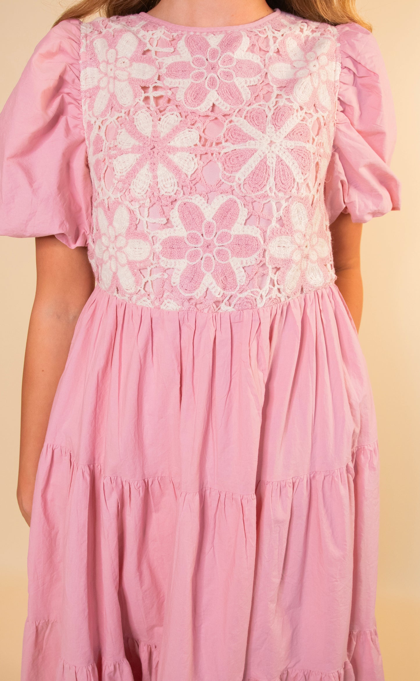 The Mara Crochet Tiered Midi in Pink