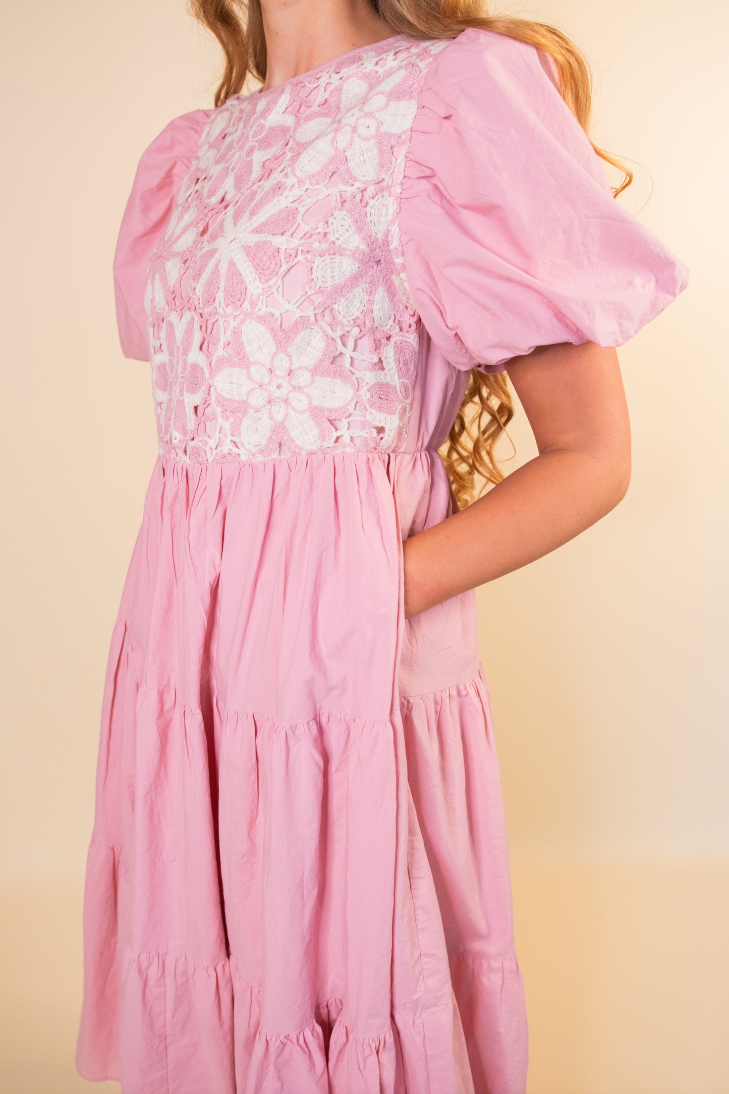 The Mara Crochet Tiered Midi in Pink