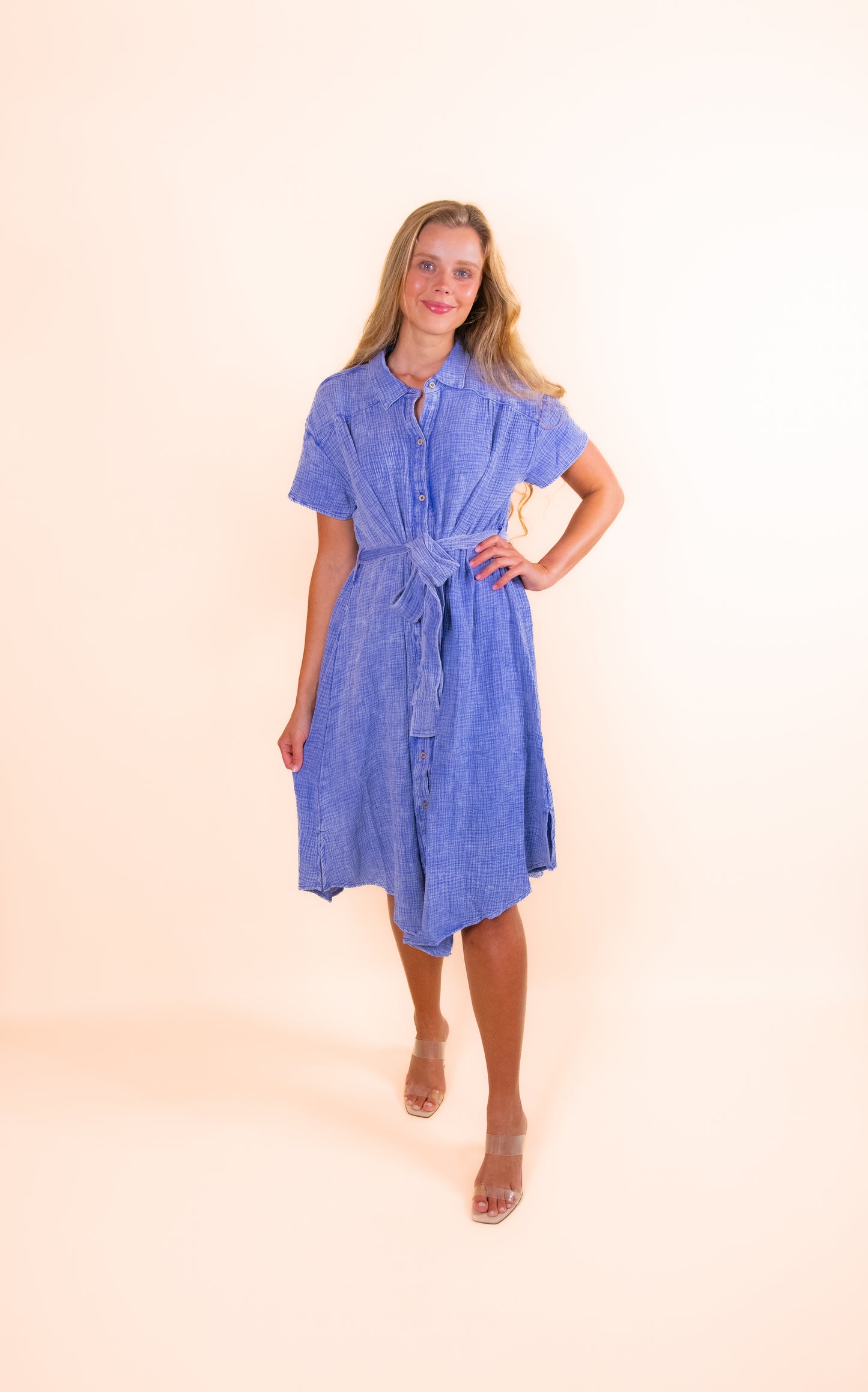 FINAL RESTOCK - The Ellie Washed Gauze Belt Dress in Blue