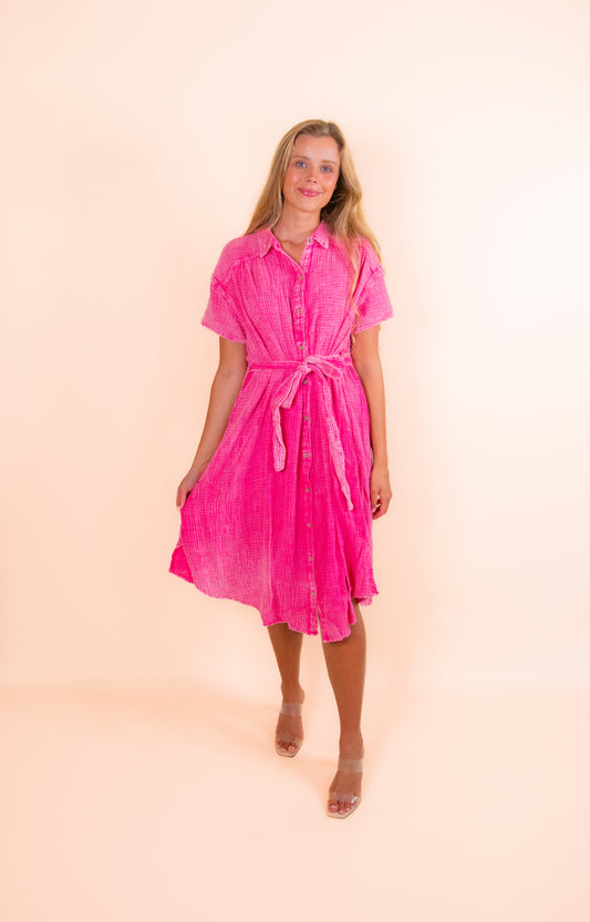 FINAL RESTOCK - The Ellie Washed Gauze Belt Dress in Pink