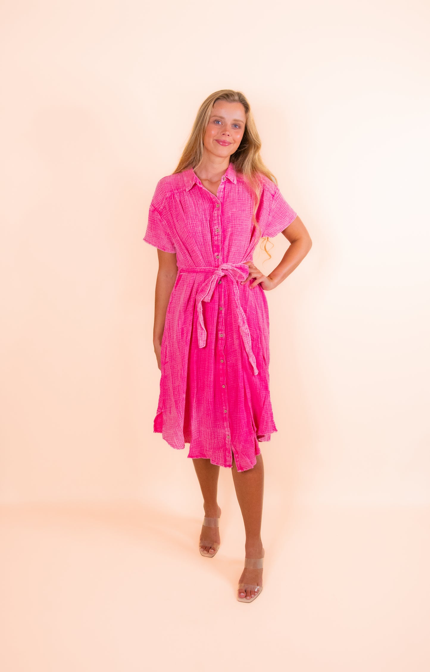 FINAL RESTOCK - The Ellie Washed Gauze Belt Dress in Pink