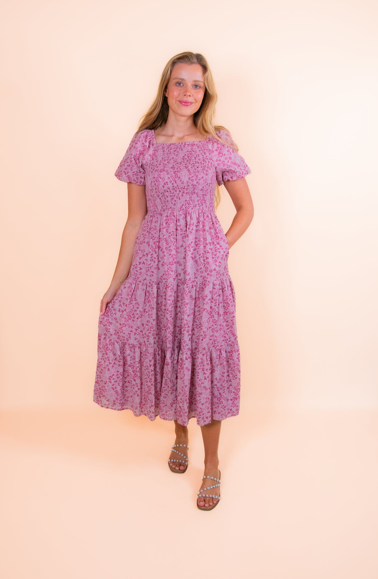 The Kali Smocked Dress in Pink Floral