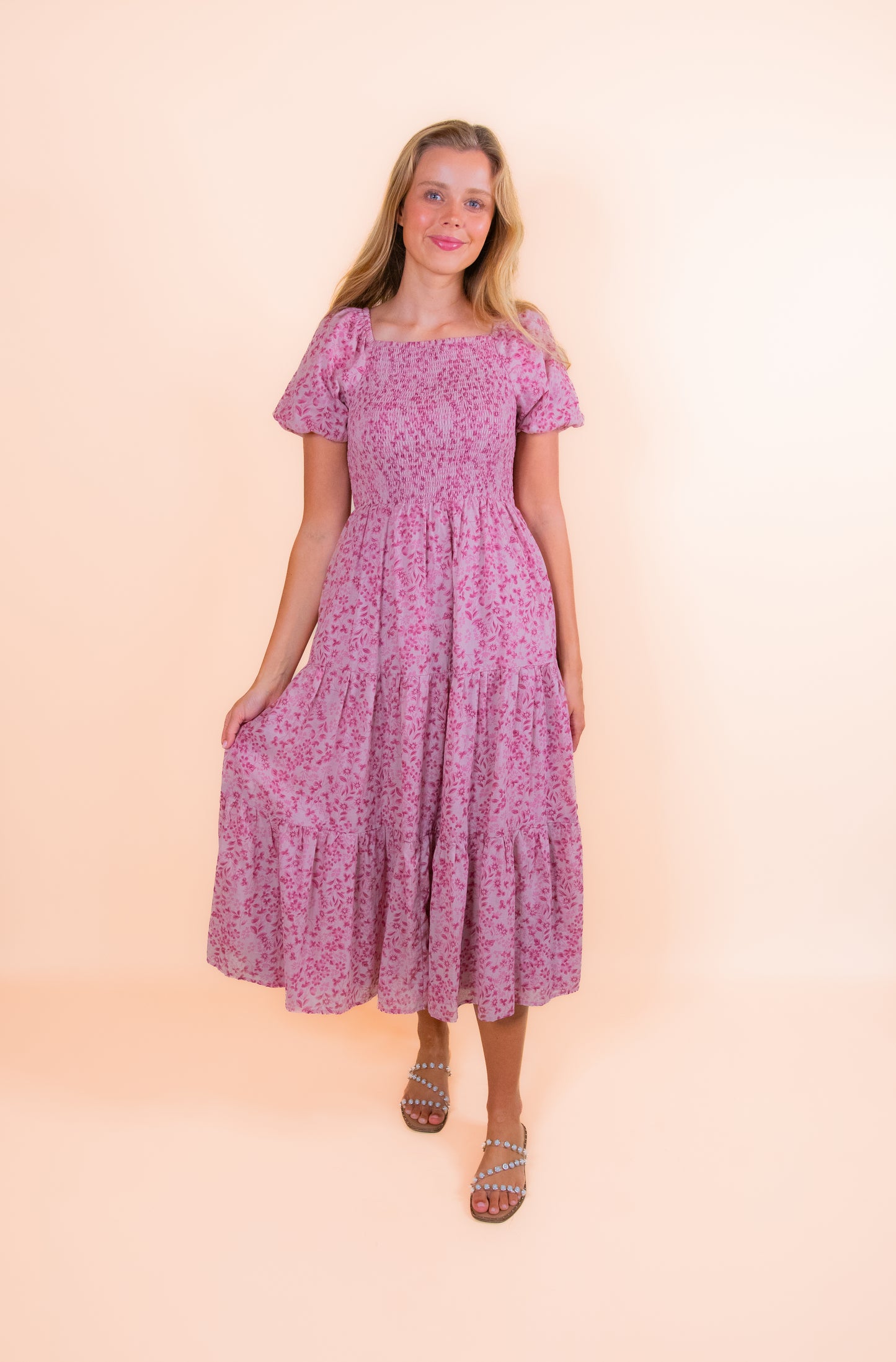 The Kali Smocked Dress in Pink Floral