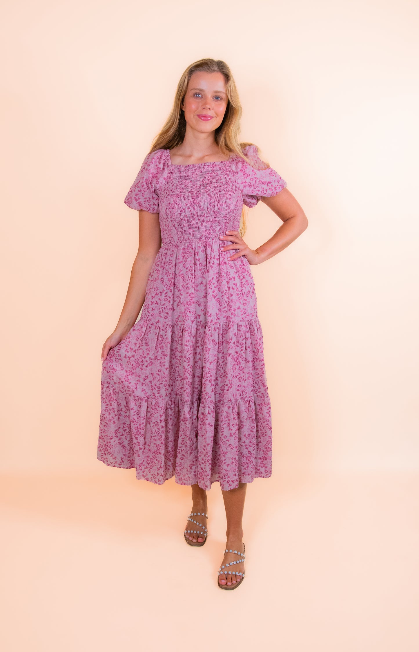 The Kali Smocked Dress in Pink Floral