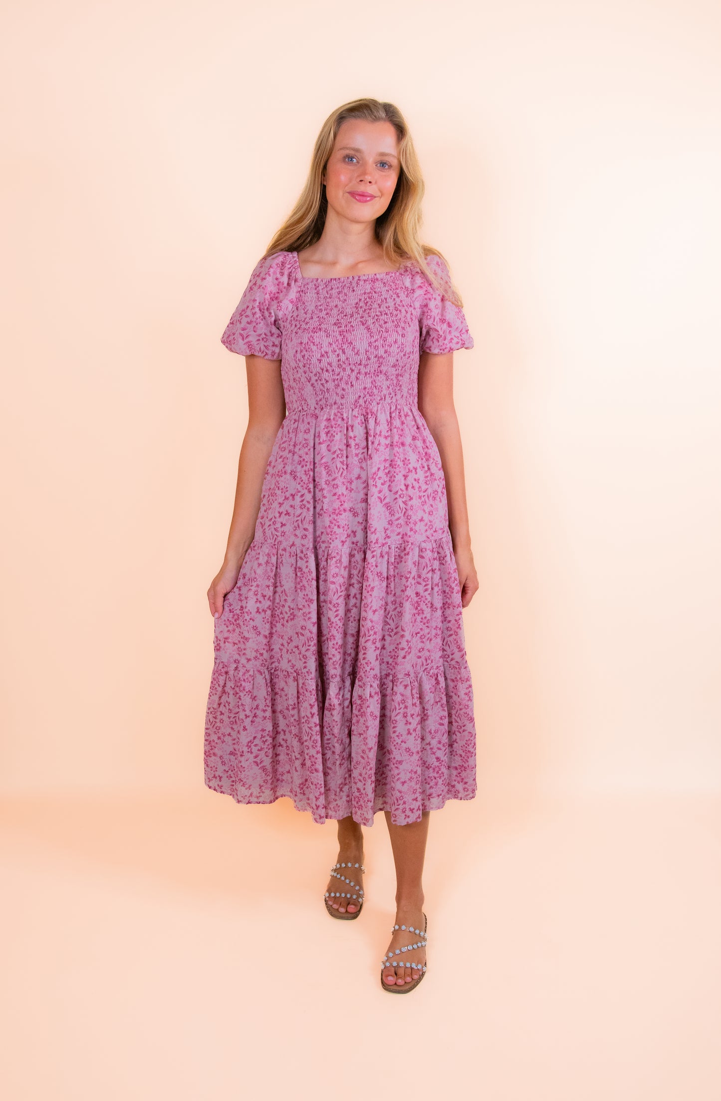 The Kali Smocked Dress in Pink Floral