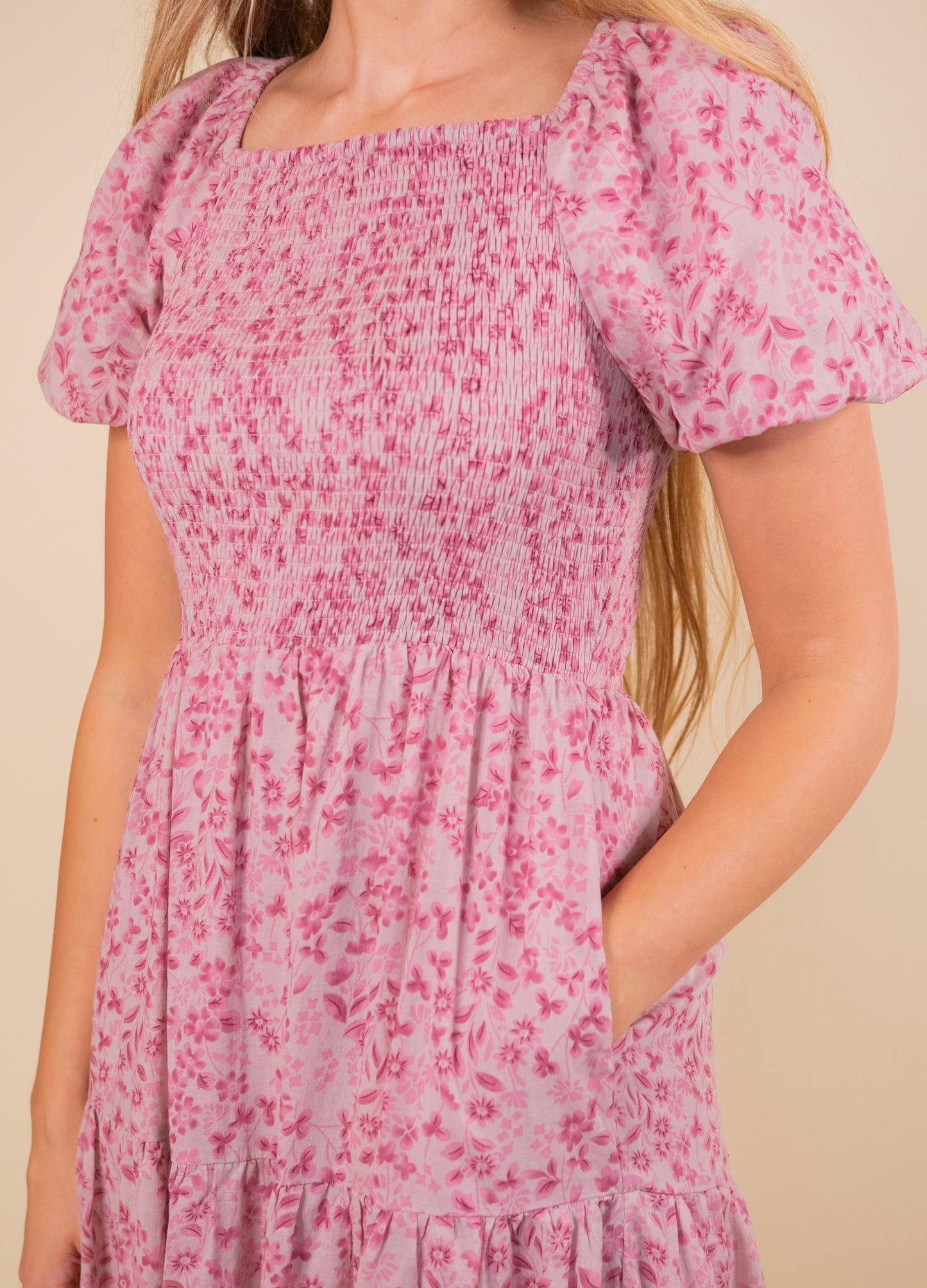 The Kali Smocked Dress in Pink Floral