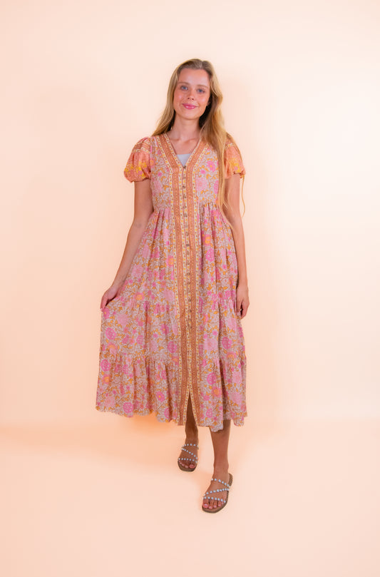 The Allie Boho Dress in Golden Pink Floral