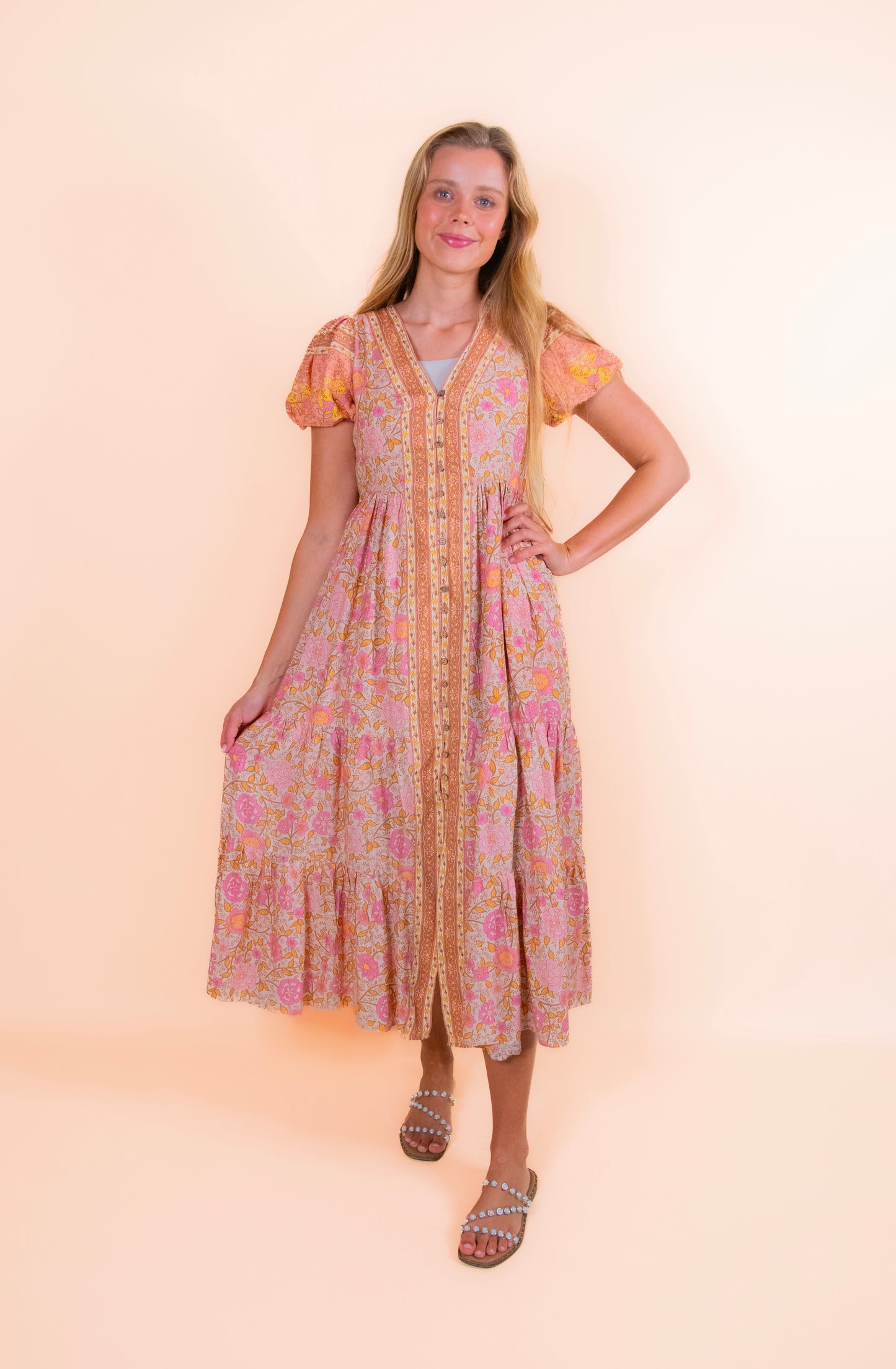 The Allie Boho Dress in Golden Pink Floral