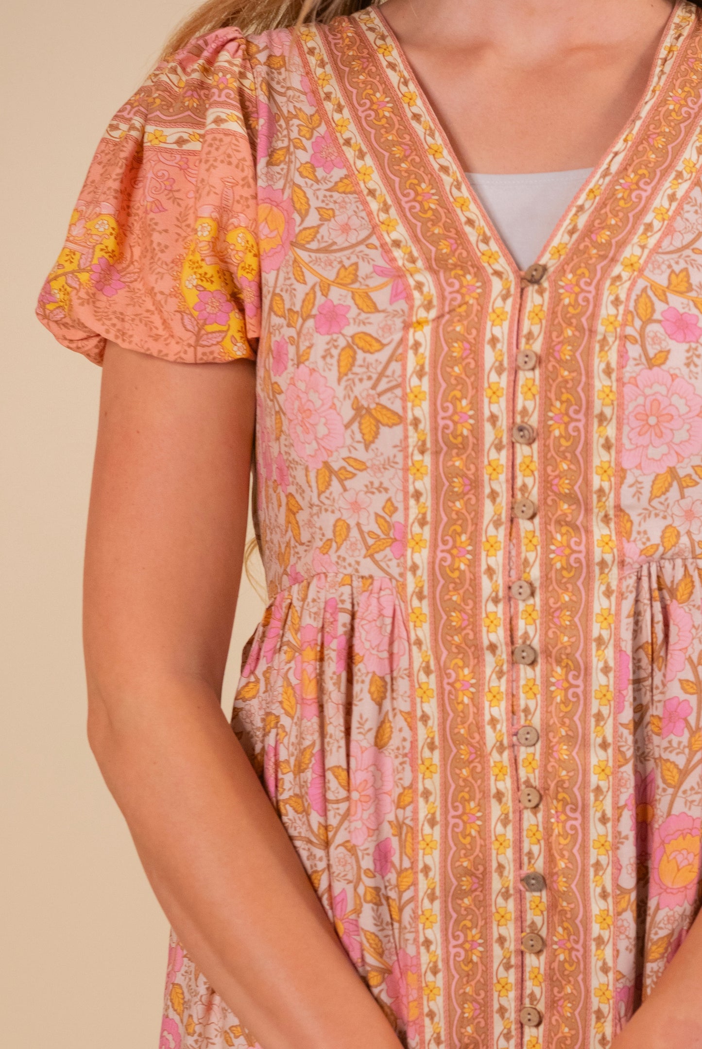 The Allie Boho Dress in Golden Pink Floral