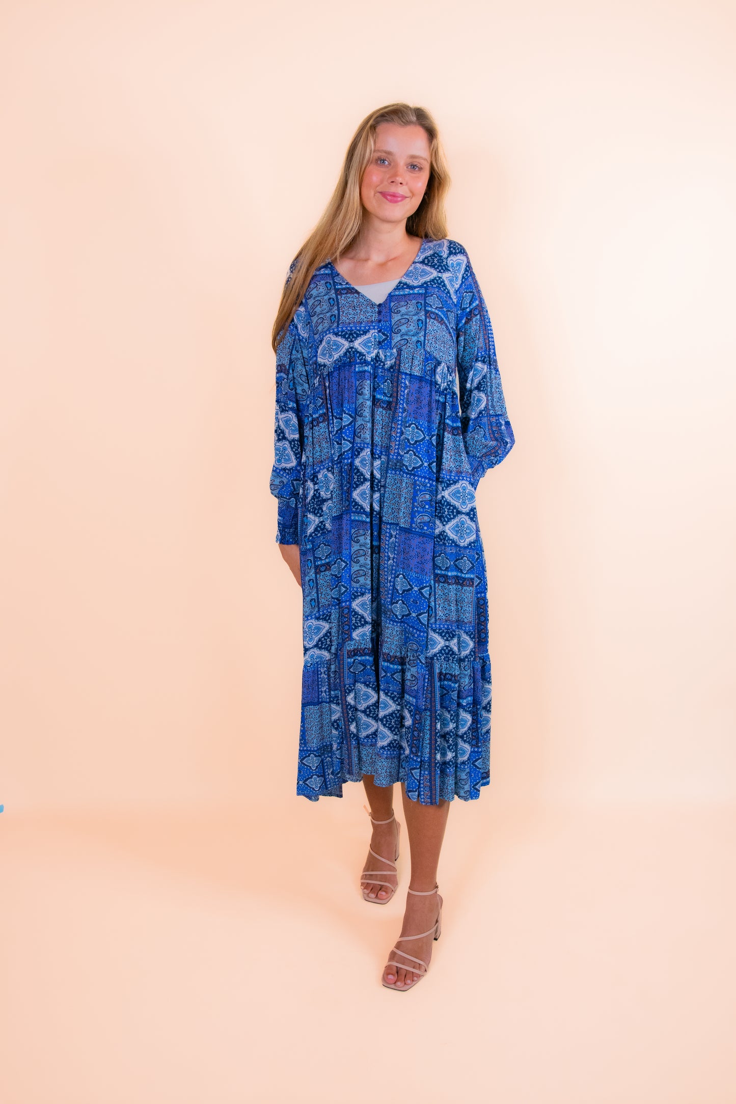 The Rowan Dress in Blue Patchwork