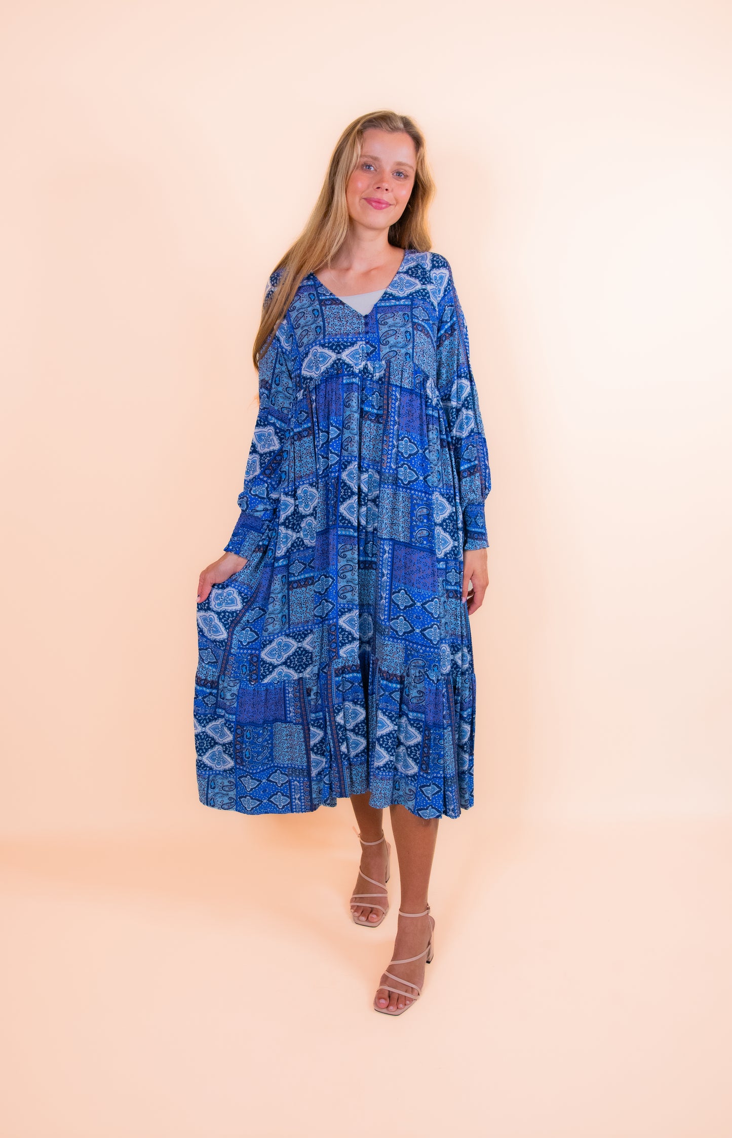 The Rowan Dress in Blue Patchwork