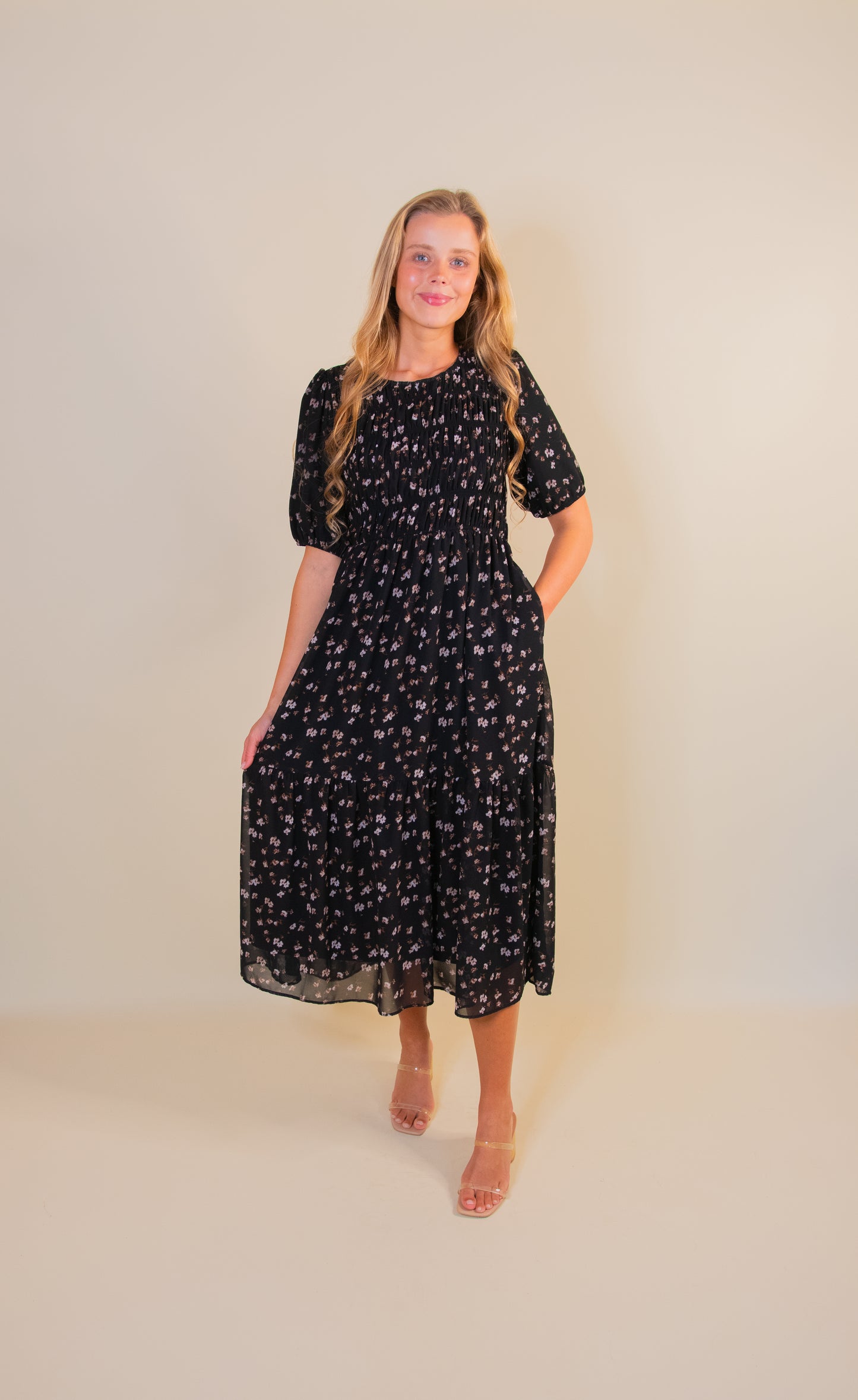 The Sasha Smocked Dress in Black Floral