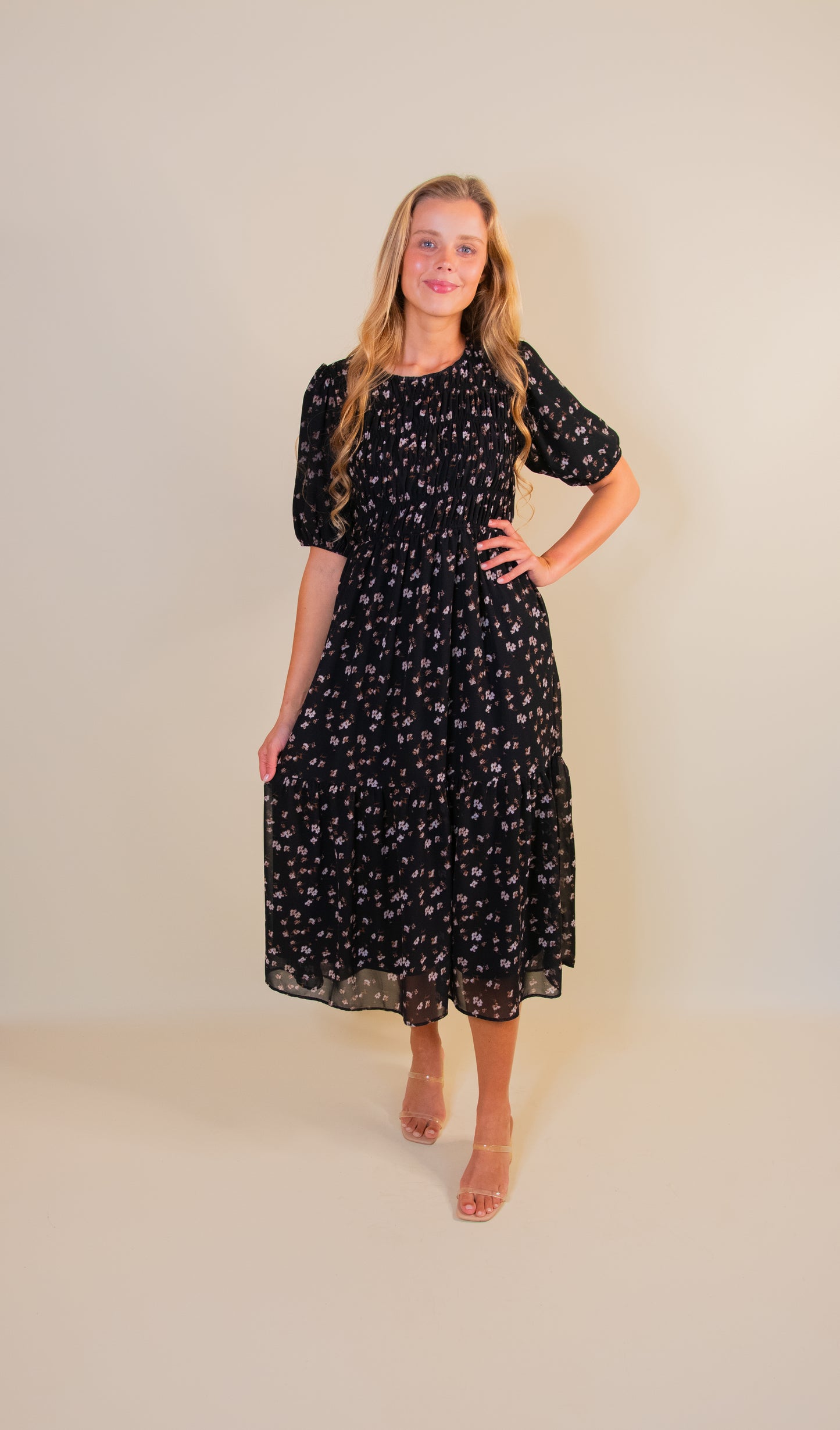 The Sasha Smocked Dress in Black Floral