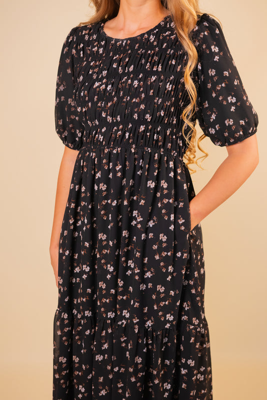 The Sasha Smocked Dress in Black Floral