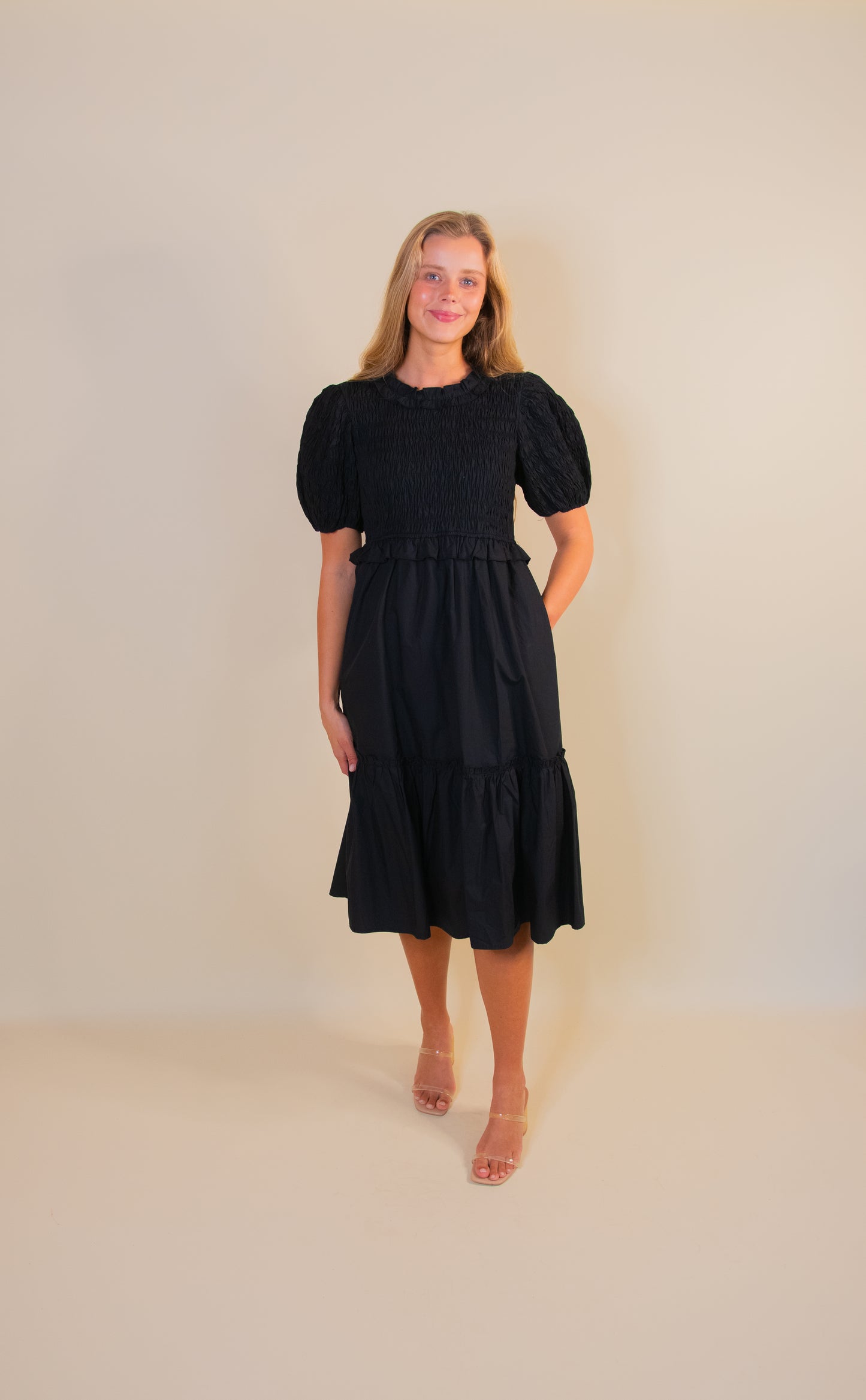 The Eliana Smocked Poplin Dress in Black