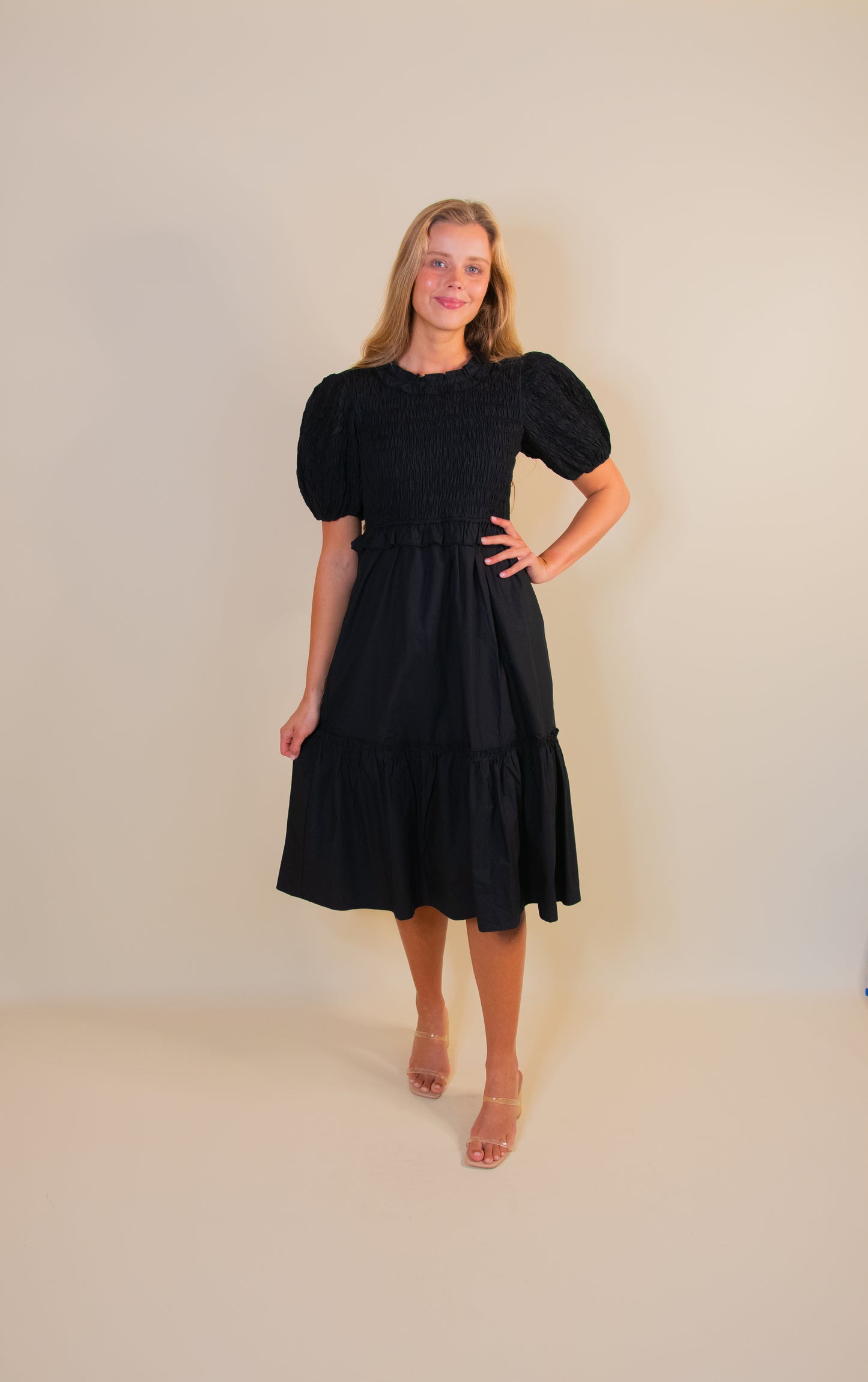 The Eliana Smocked Poplin Dress in Black