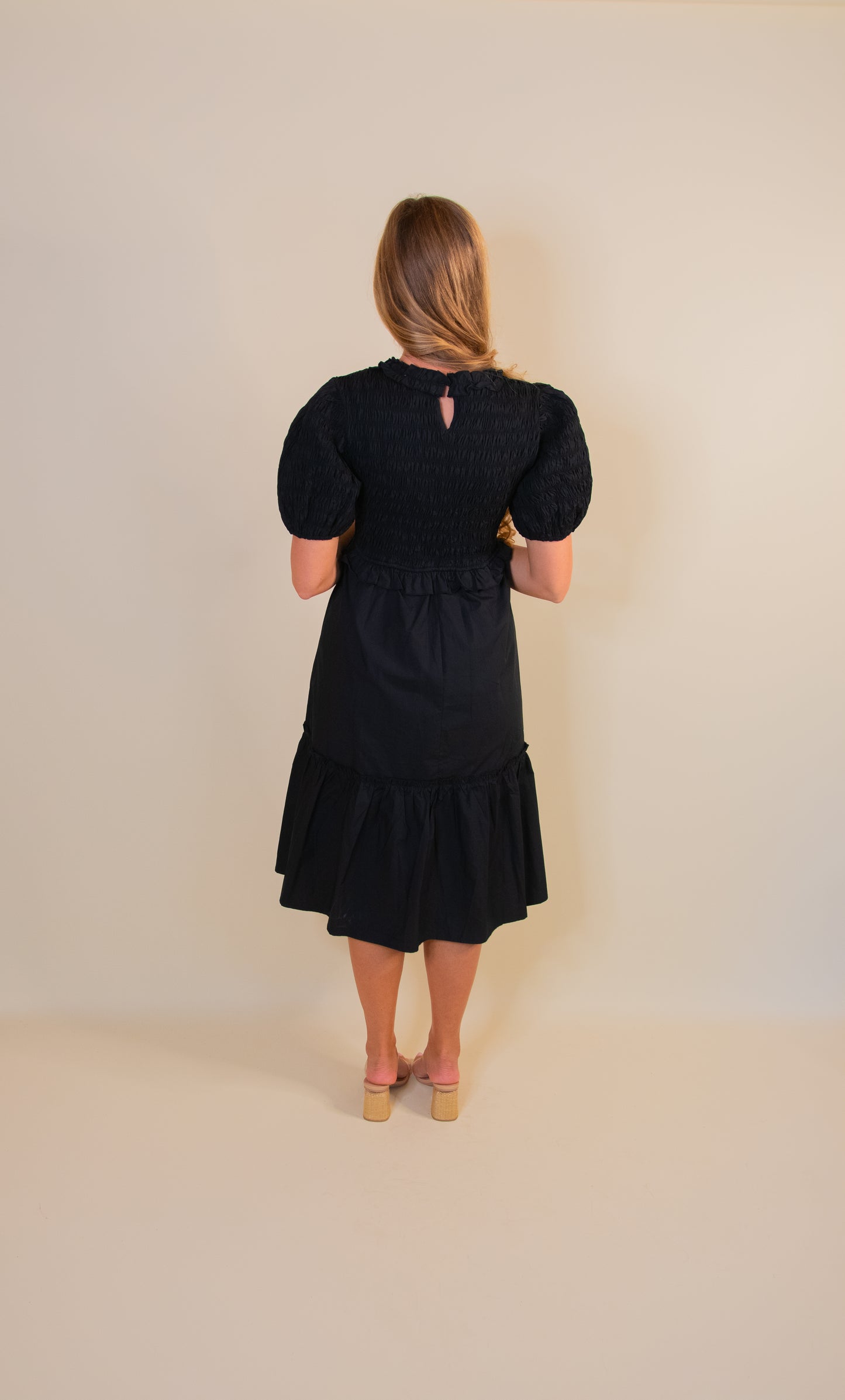 The Eliana Smocked Poplin Dress in Black