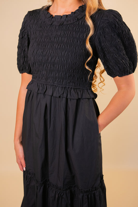 The Eliana Smocked Poplin Dress in Black