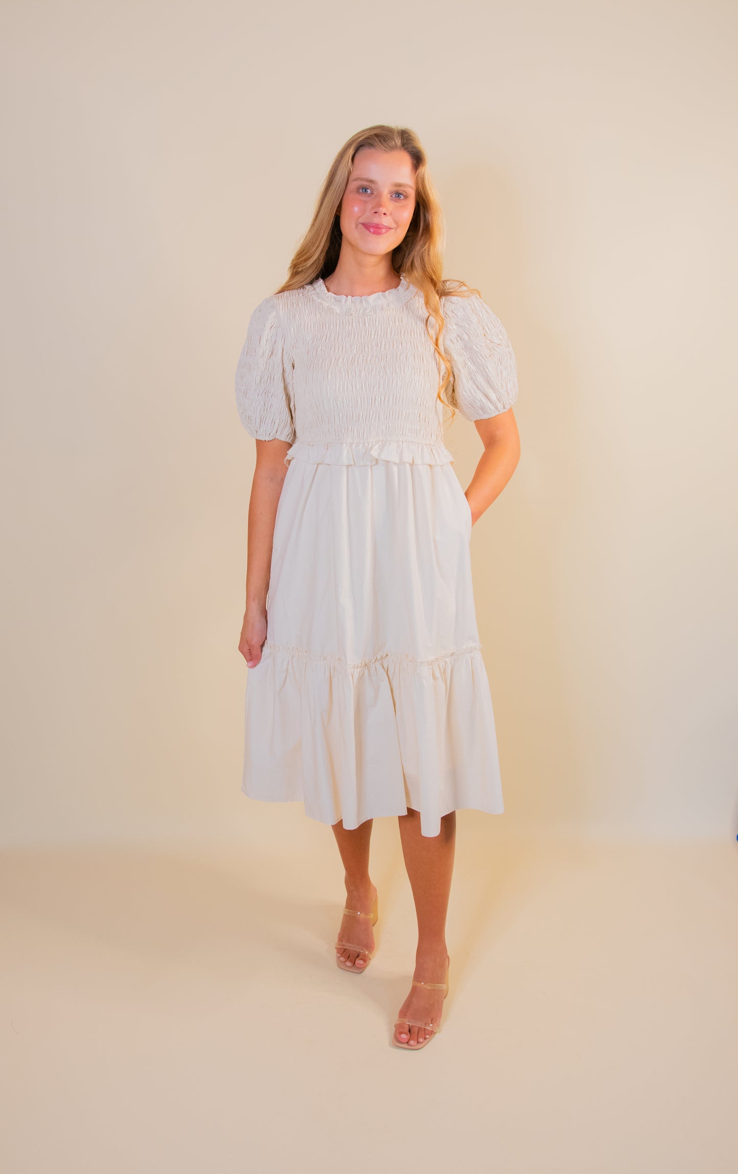 The Eliana Smocked Poplin Dress in Cream