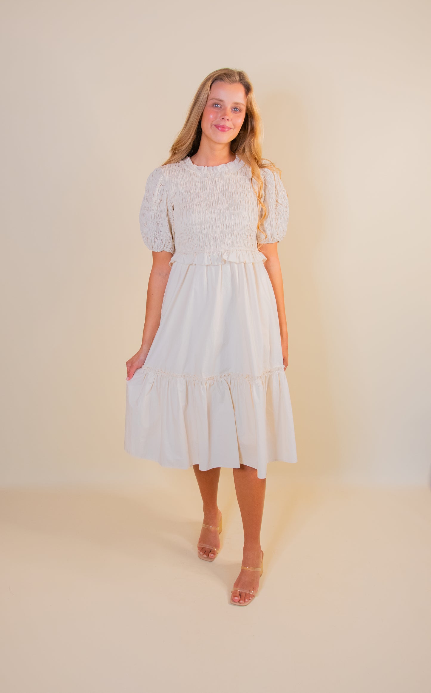 The Eliana Smocked Poplin Dress in Cream