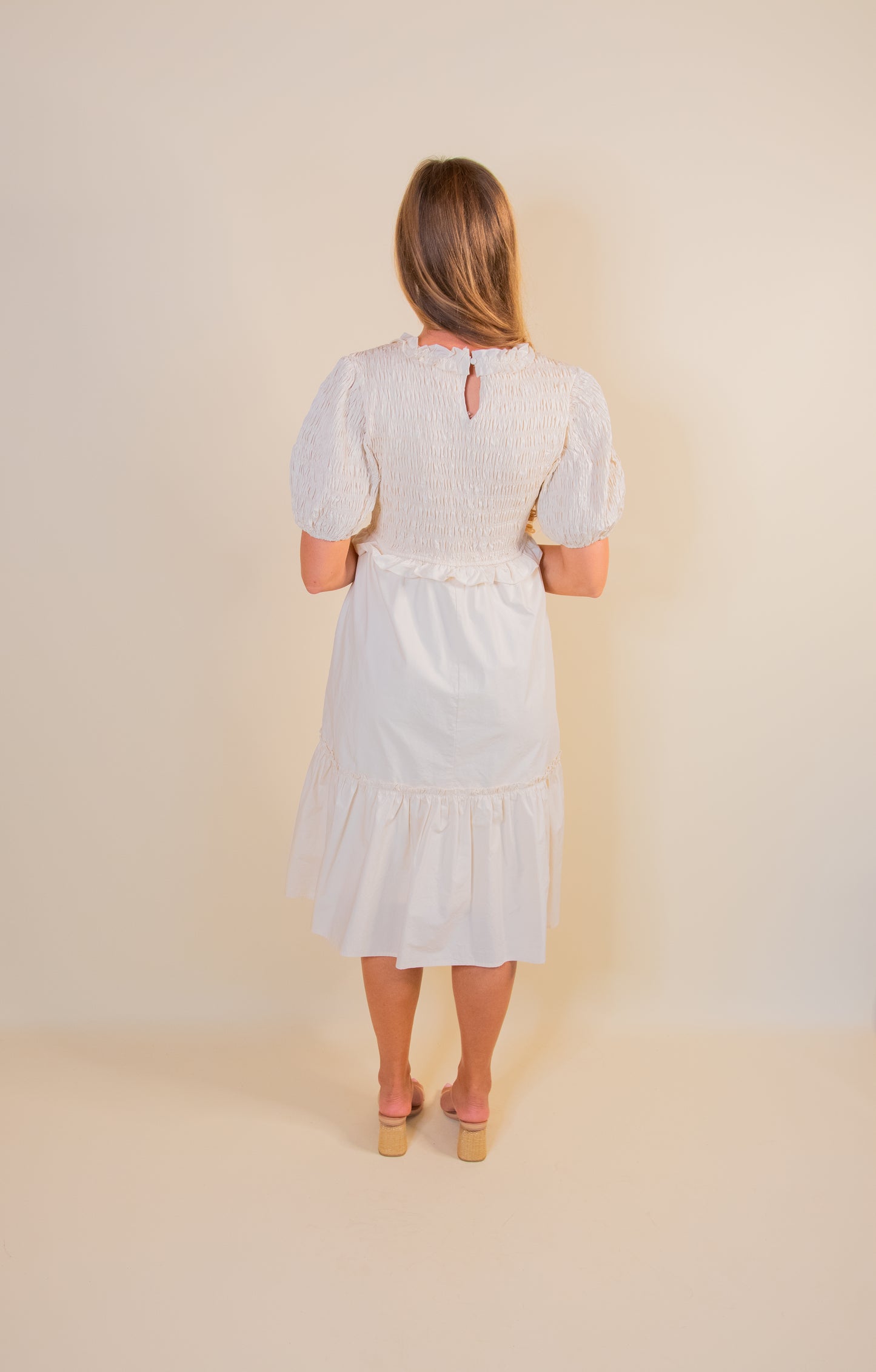 The Eliana Smocked Poplin Dress in Cream