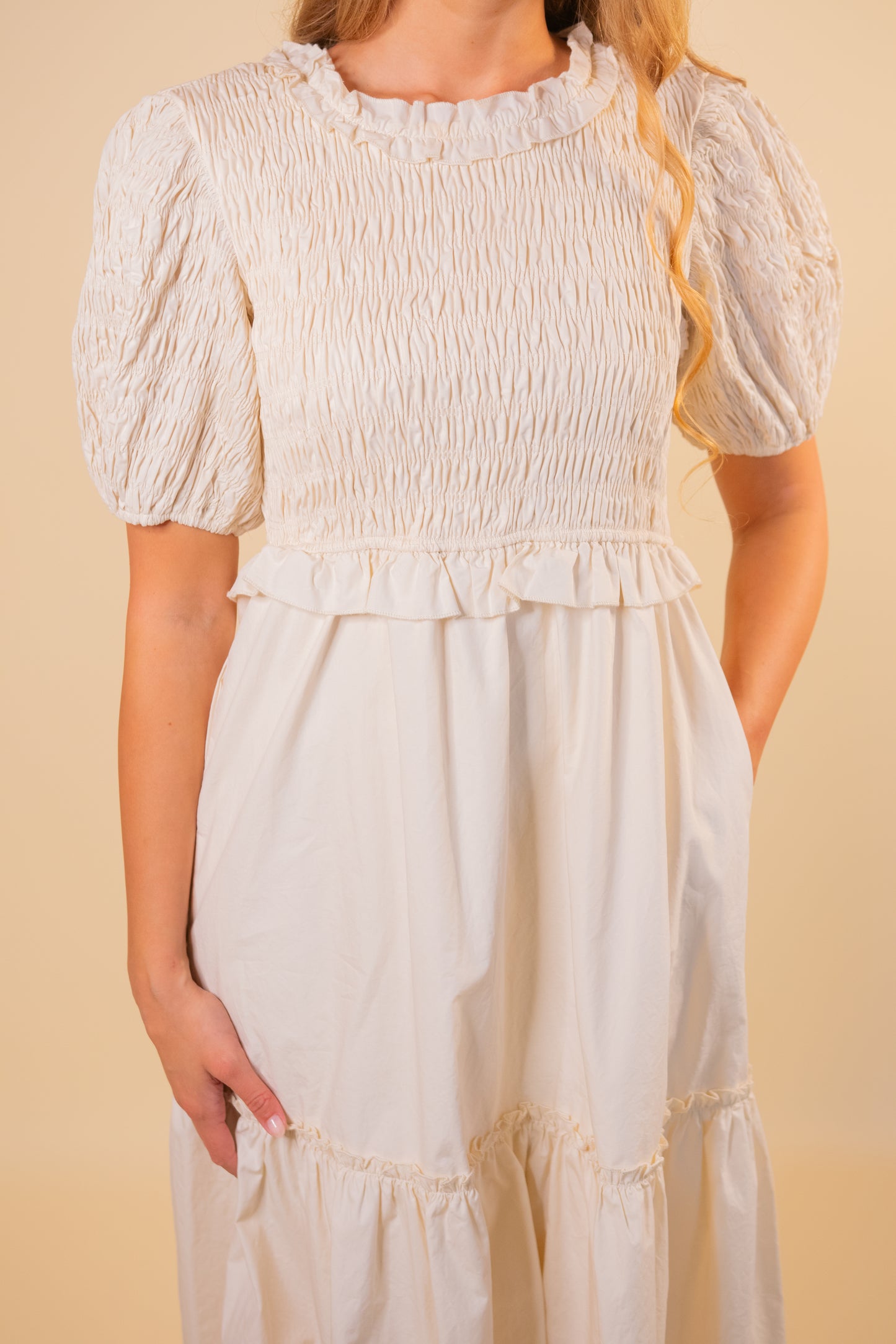 The Eliana Smocked Poplin Dress in Cream