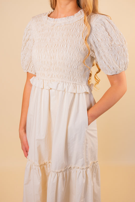 The Eliana Smocked Poplin Dress in Cream