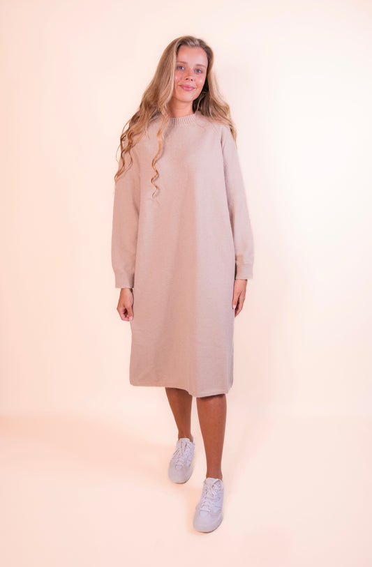 The Kara Crew Sweater Dress in Tan