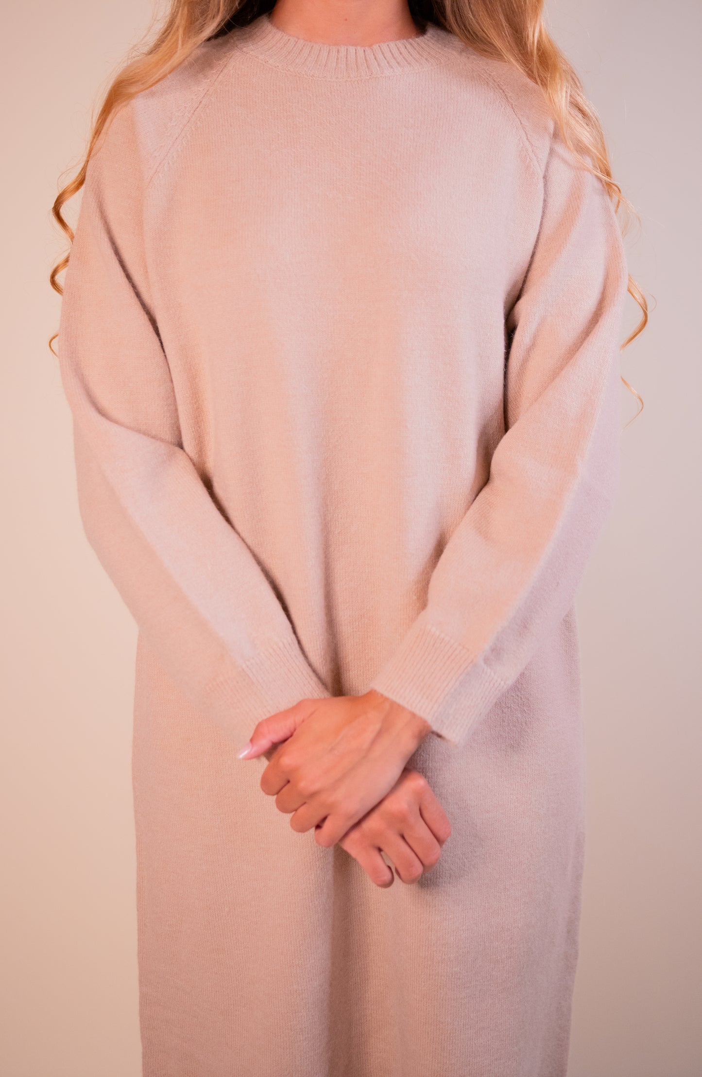 The Kara Crew Sweater Dress in Tan