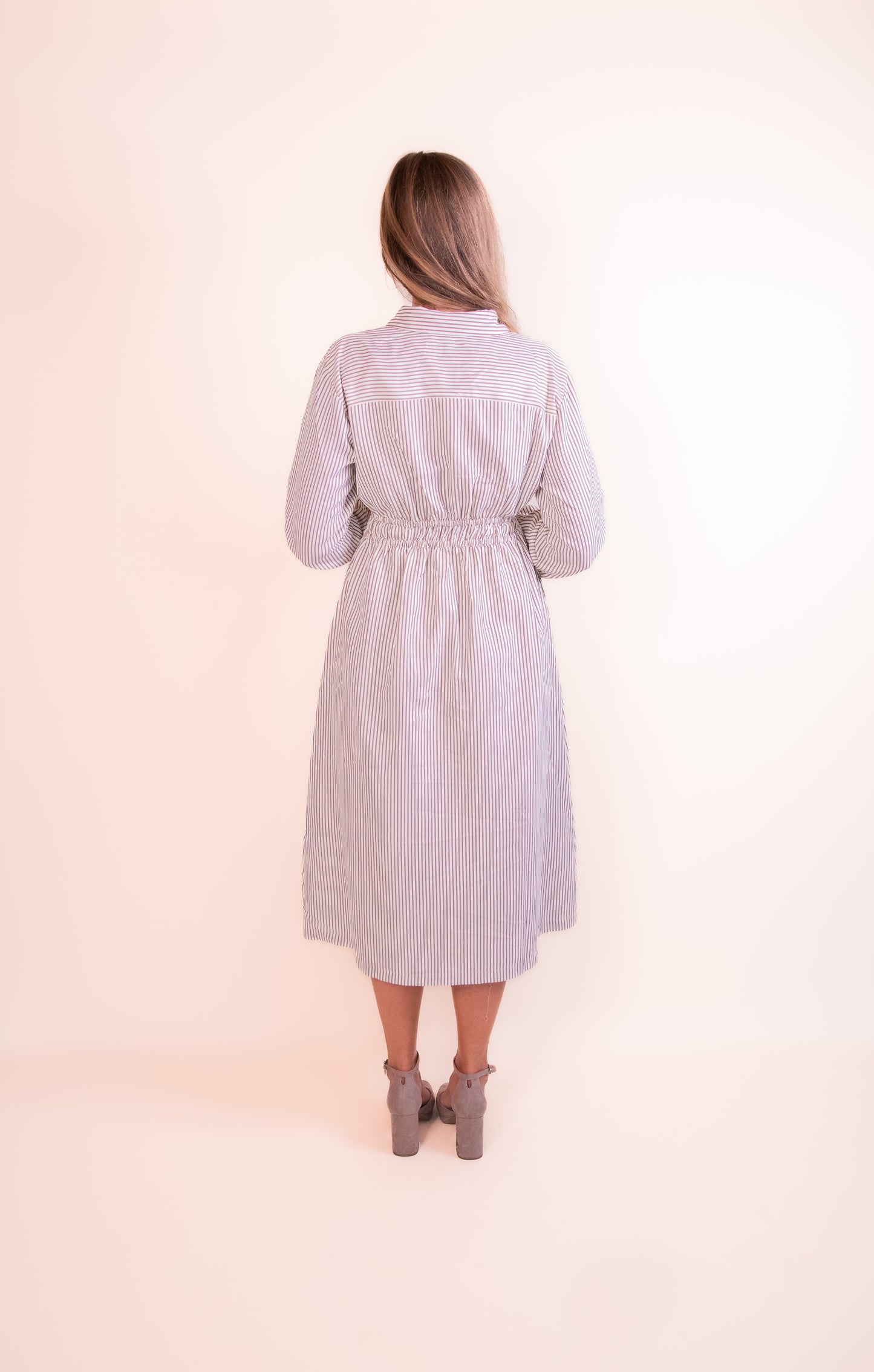 The Charlotte Collared Dress in Tan Stripe