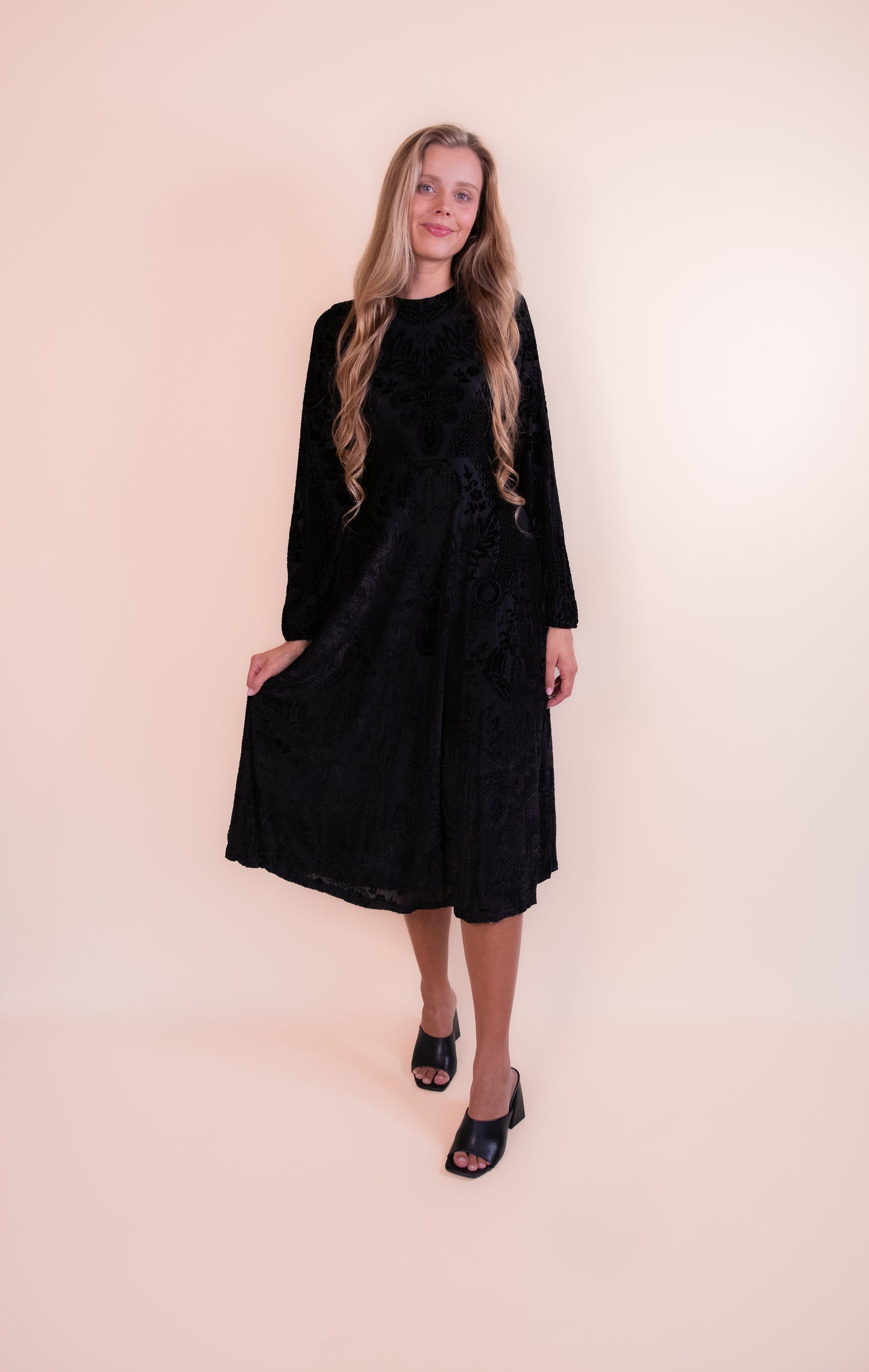 The Ellen Velvet Embossed Midi Dress in Black