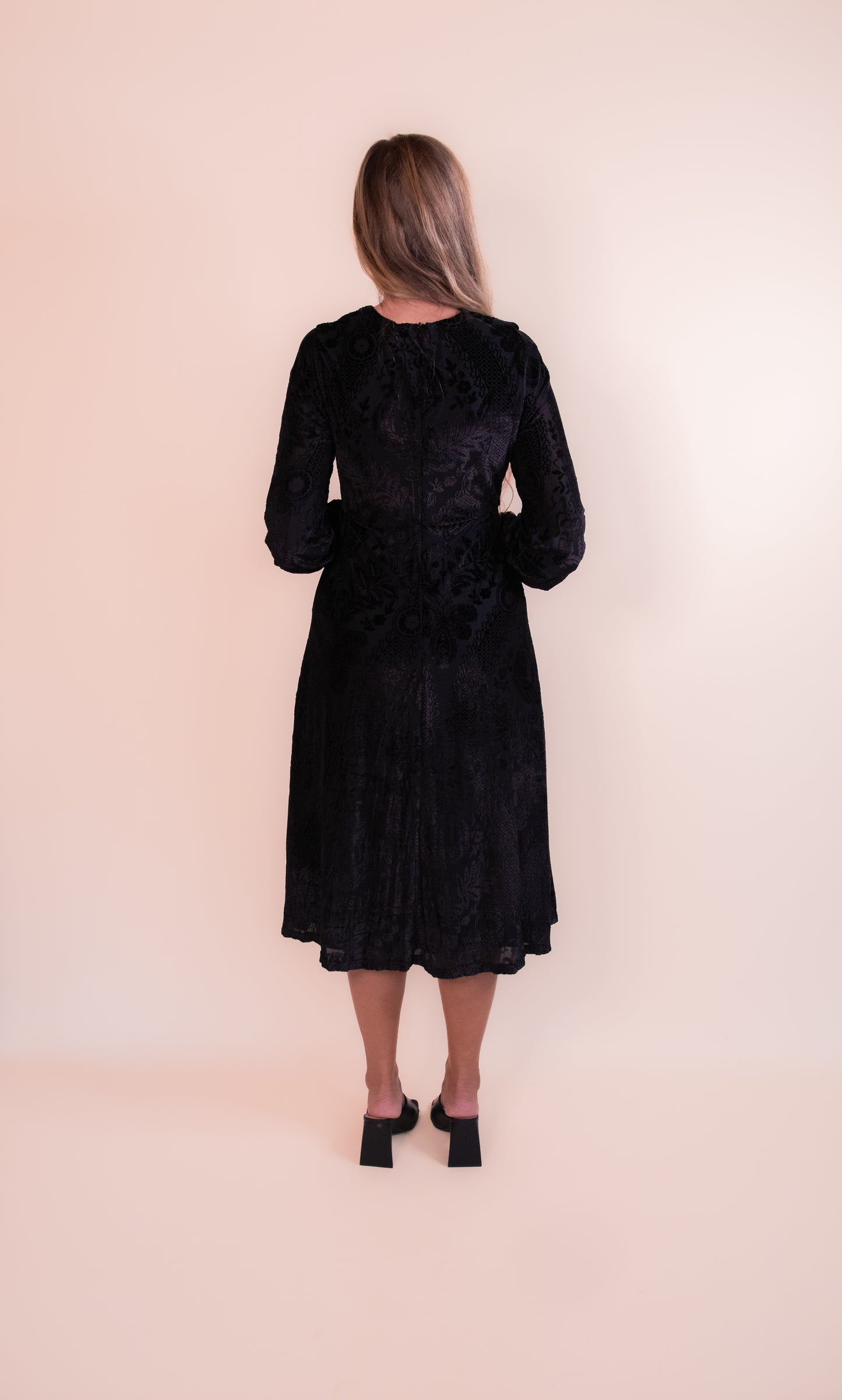 The Ellen Velvet Embossed Midi Dress in Black