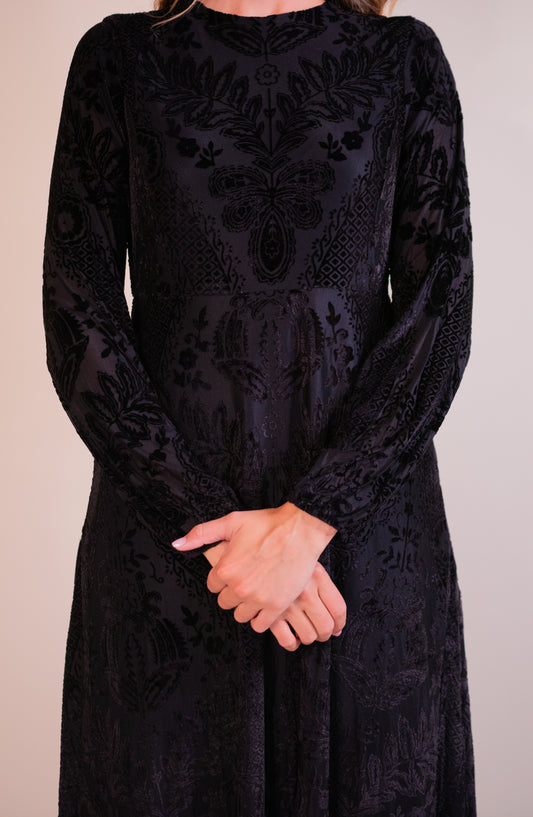 The Ellen Velvet Embossed Midi Dress in Black