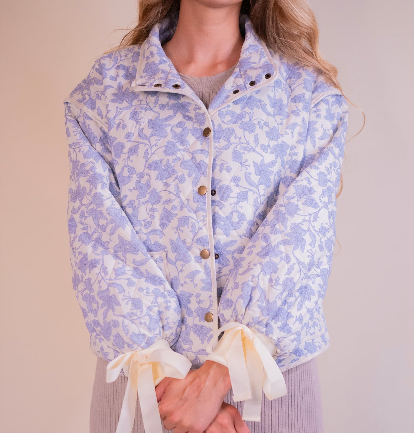 RESTOCKED - The Lorelei Quilted Bow Jacket in Blue Floral