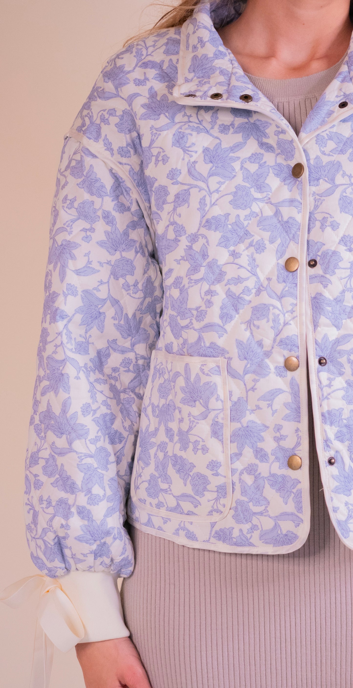 RESTOCKED - The Lorelei Quilted Bow Jacket in Blue Floral