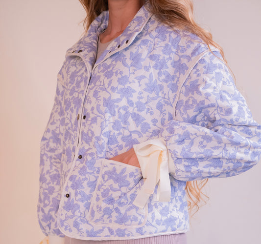 RESTOCKED - The Lorelei Quilted Bow Jacket in Blue Floral