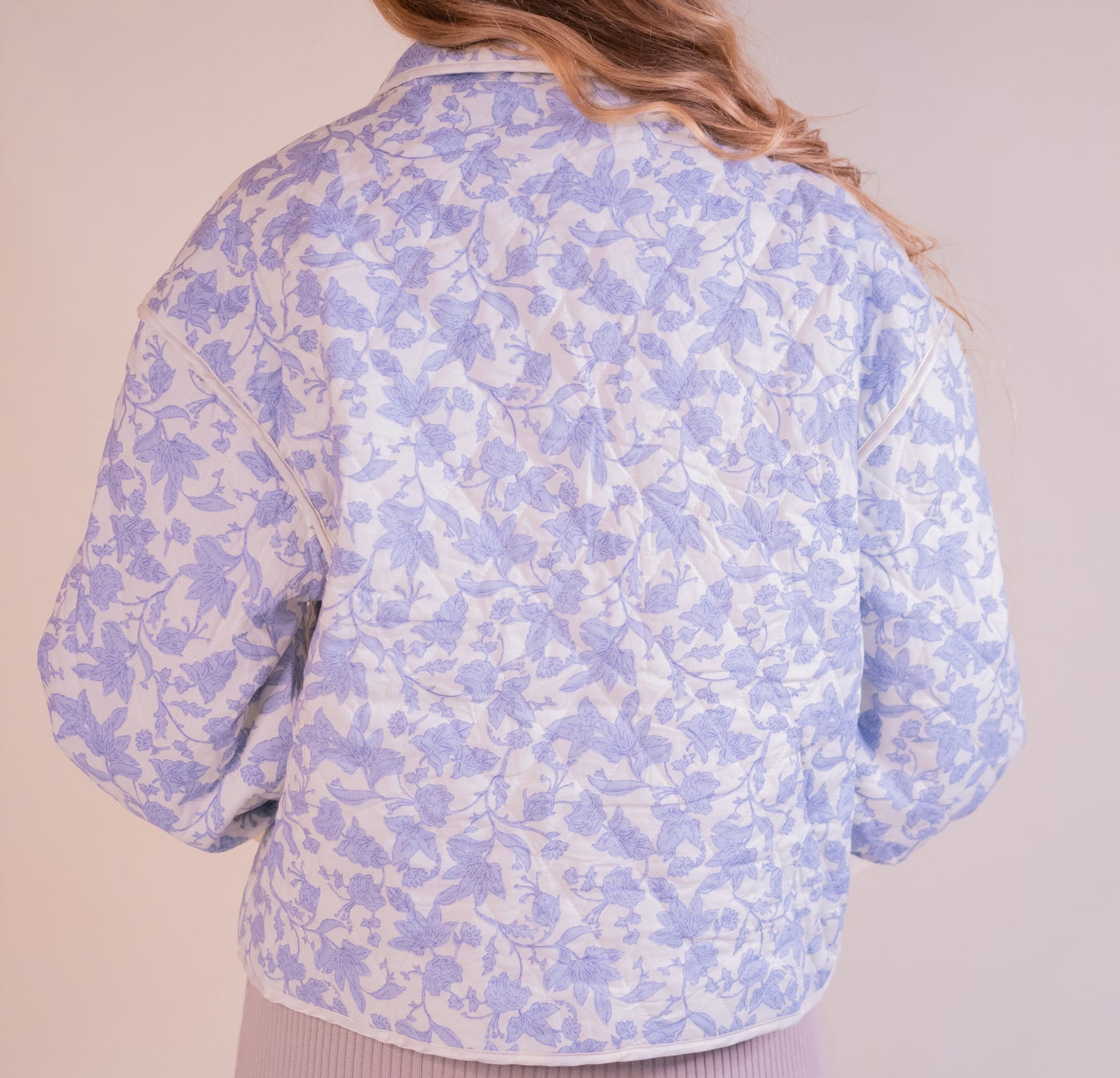 RESTOCKED - The Lorelei Quilted Bow Jacket in Blue Floral