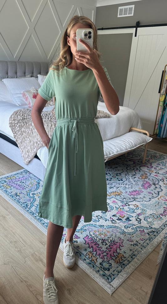 The Maren 100% Cotton Ponte Lounge Dress in Sage