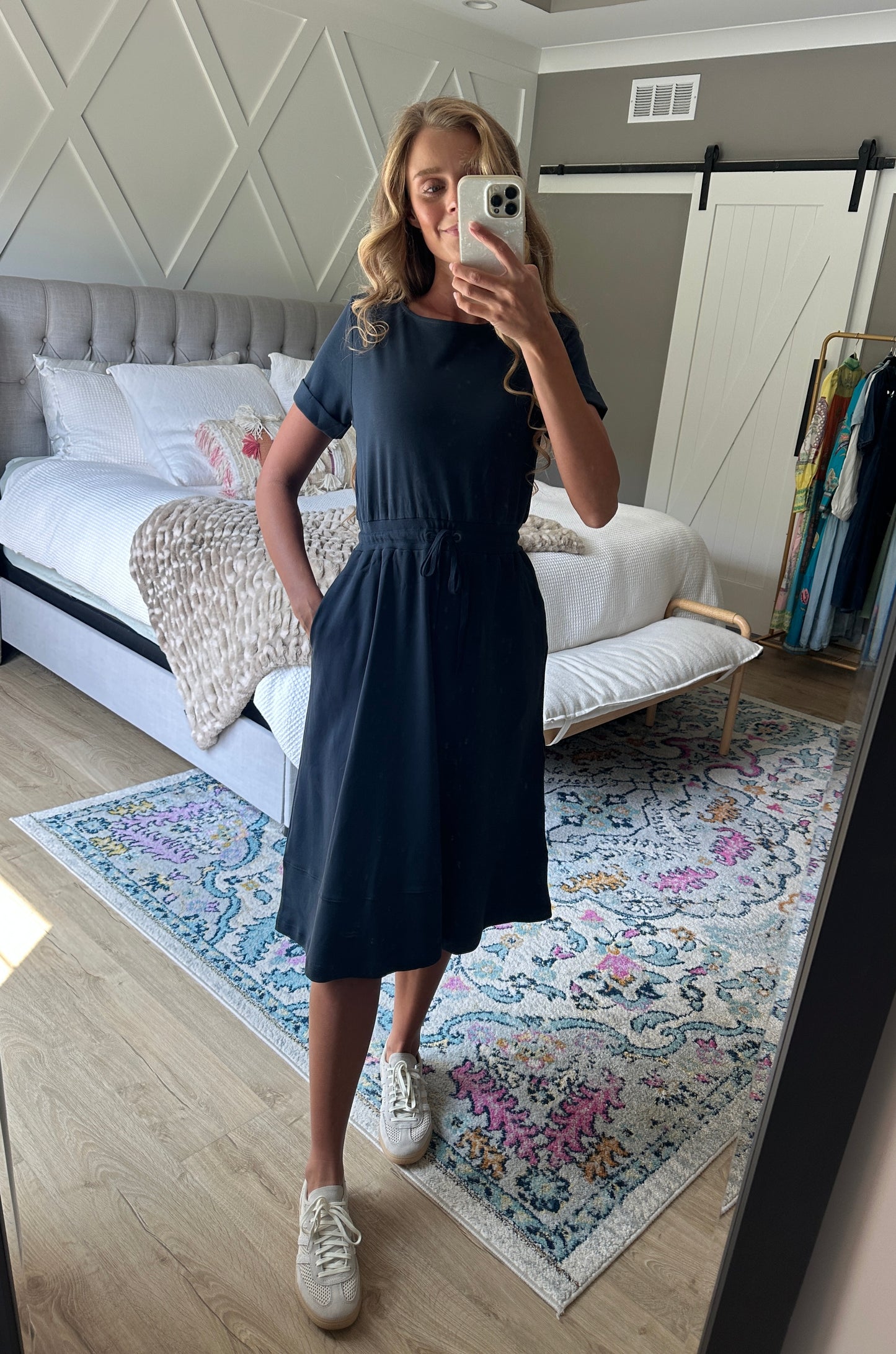 The Maren 100% Cotton Ponte Lounge Dress in Navy