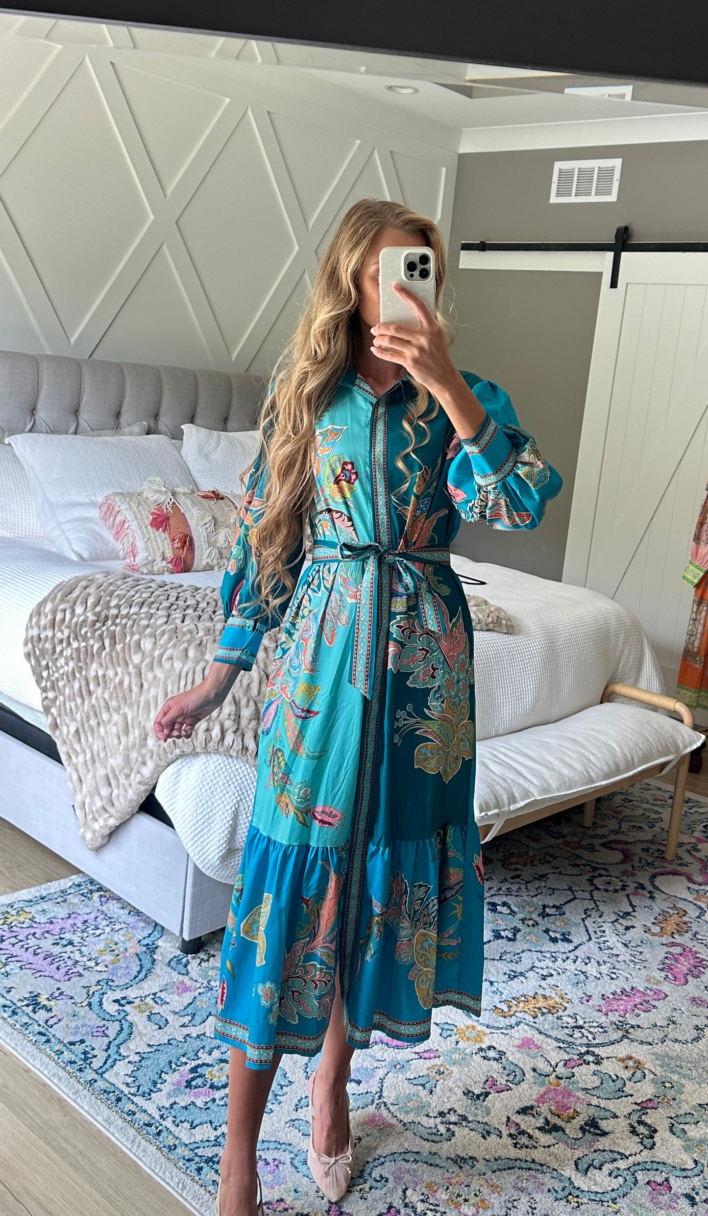 The Vienna Shirt Dress in Teal Paisley