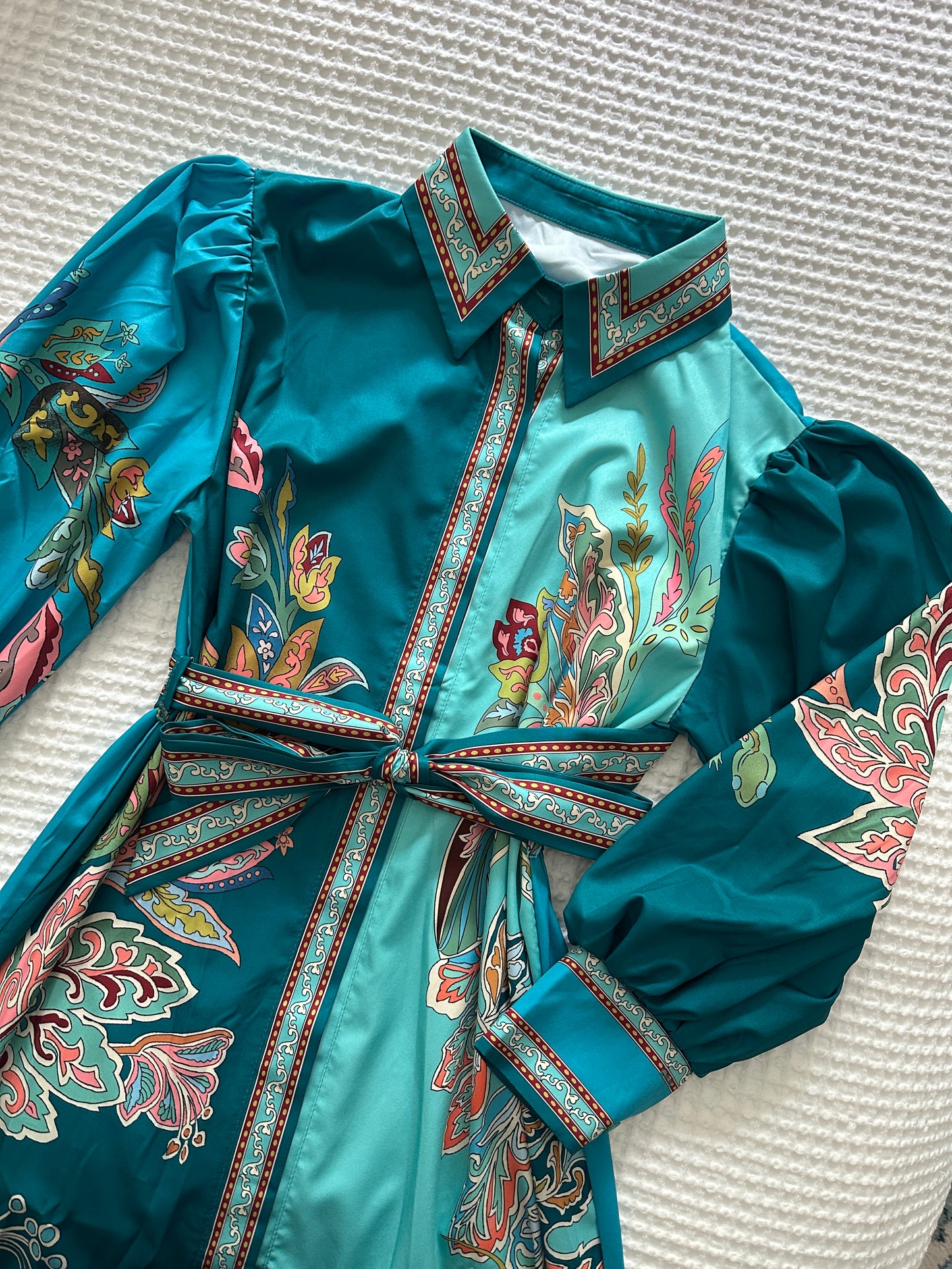 The Vienna Shirt Dress in Teal Paisley