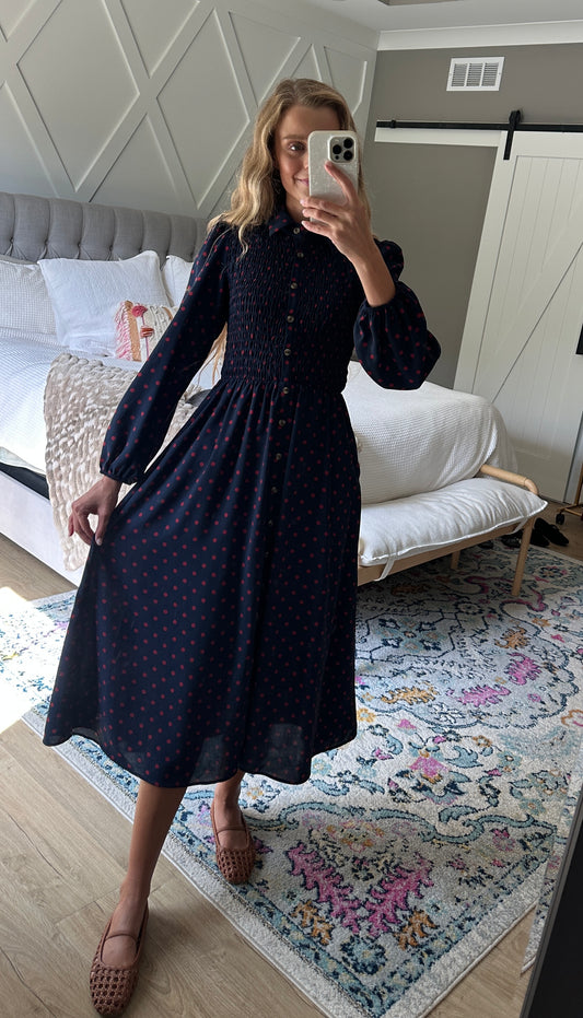 The Eloise Smocked Shirt Dress in Navy