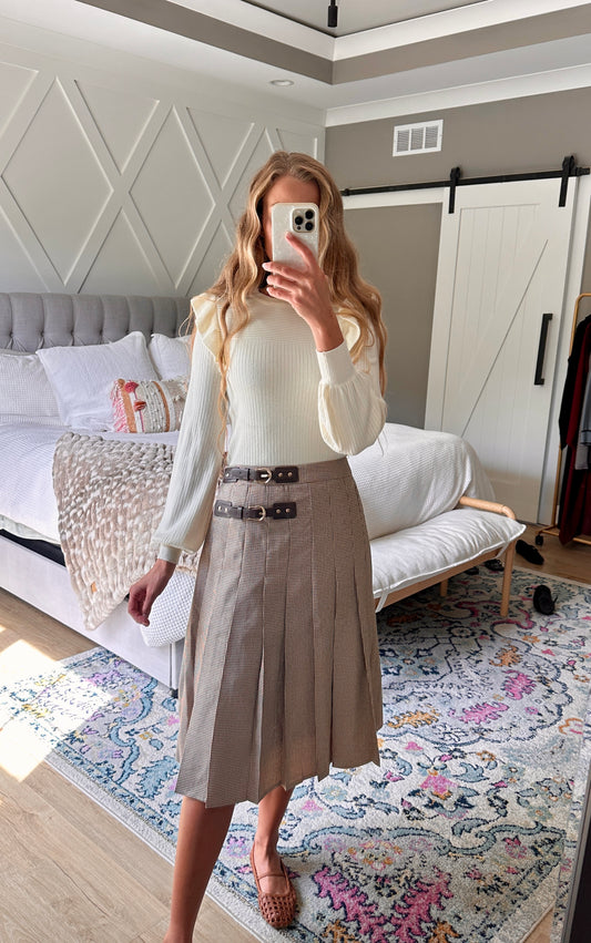 The Blaire Pleated Skirt in Tan Houndstooth