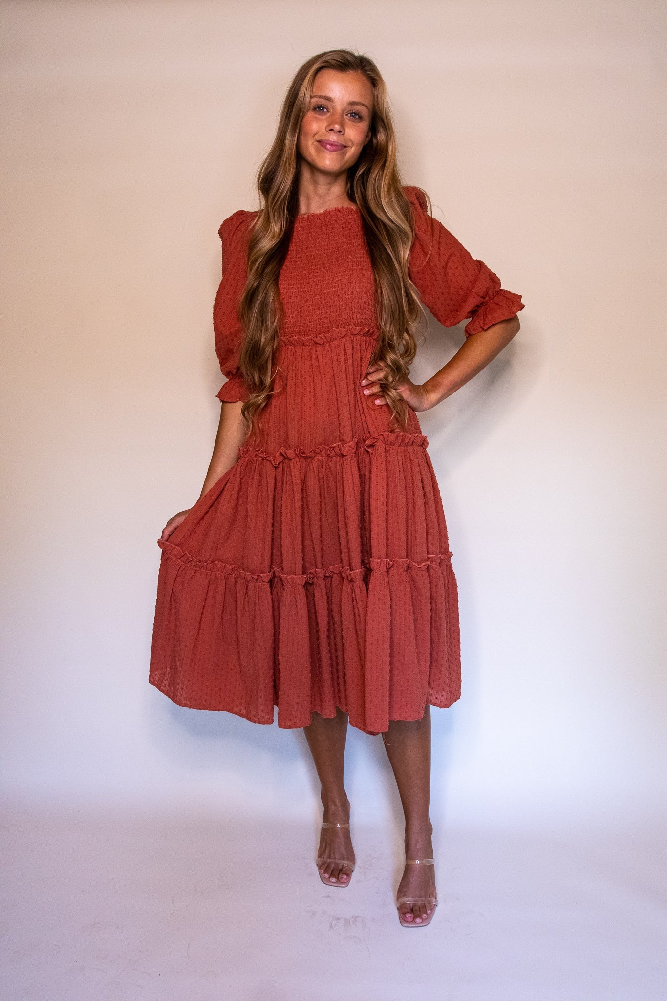 RESTOCKED - The Lexi Smocked Midi in Terracotta