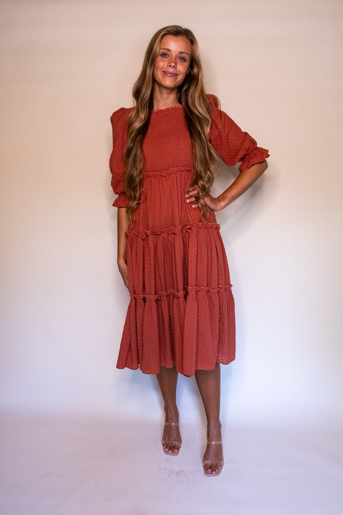 RESTOCKED - The Lexi Smocked Midi in Terracotta