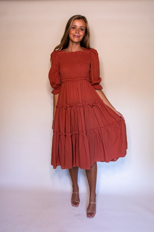 RESTOCKED - The Lexi Smocked Midi in Terracotta