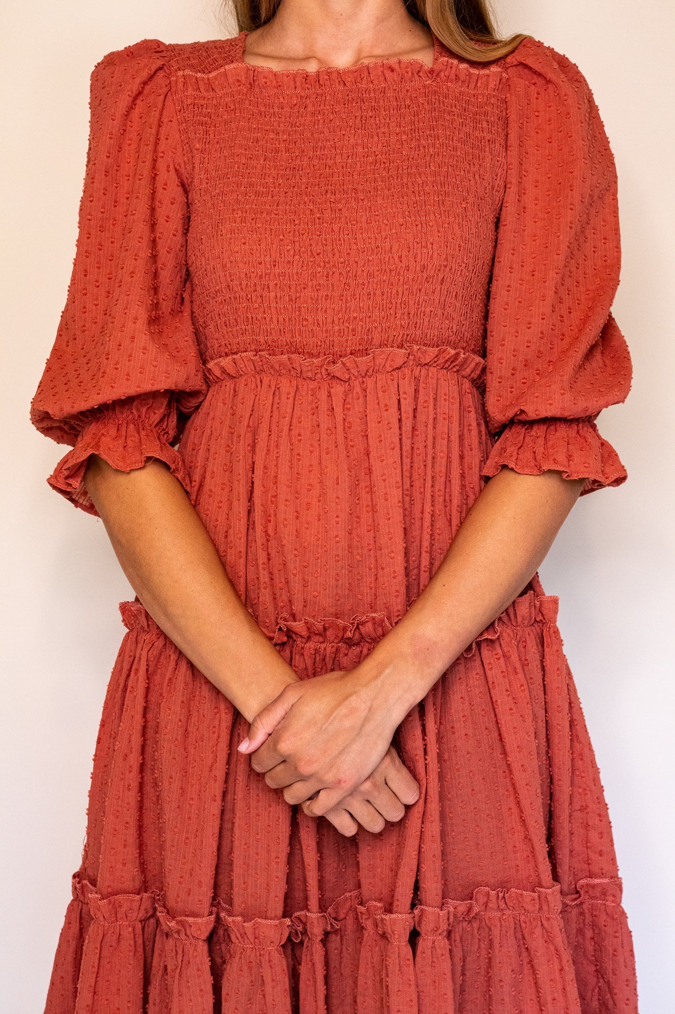 RESTOCKED - The Lexi Smocked Midi in Terracotta