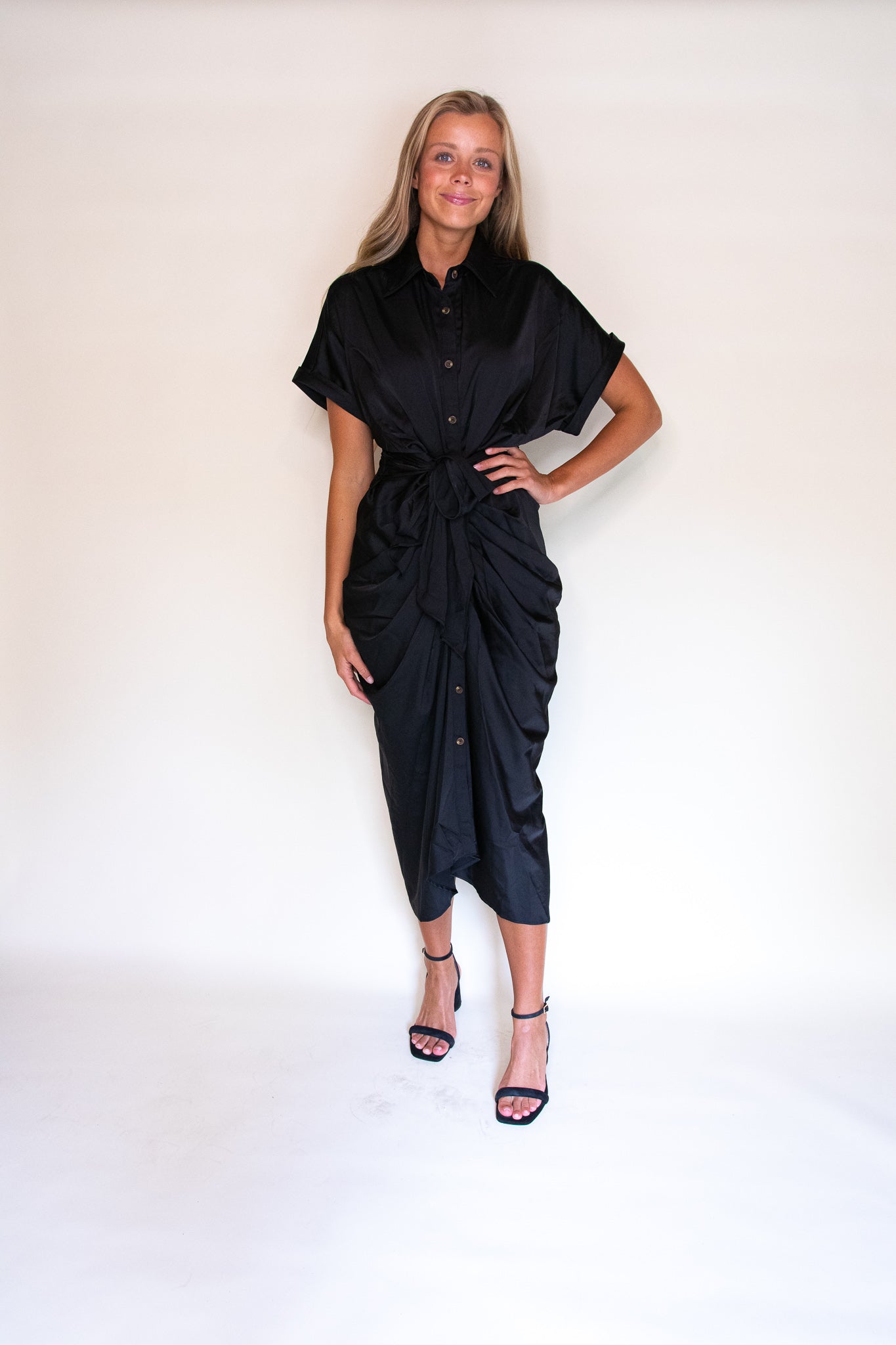 RESTOCKED - Serena Short Sleeved Midi in Black Satin