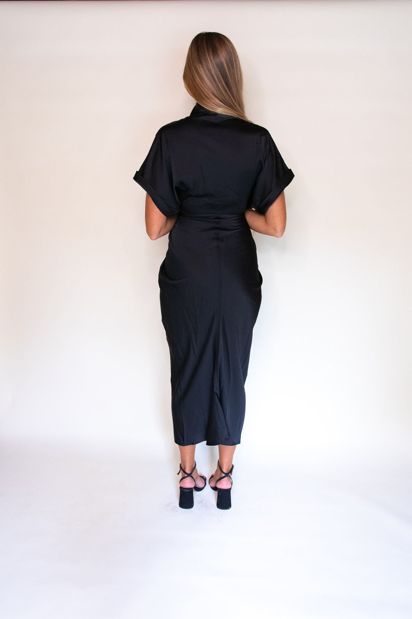 RESTOCKED - Serena Short Sleeved Midi in Black Satin